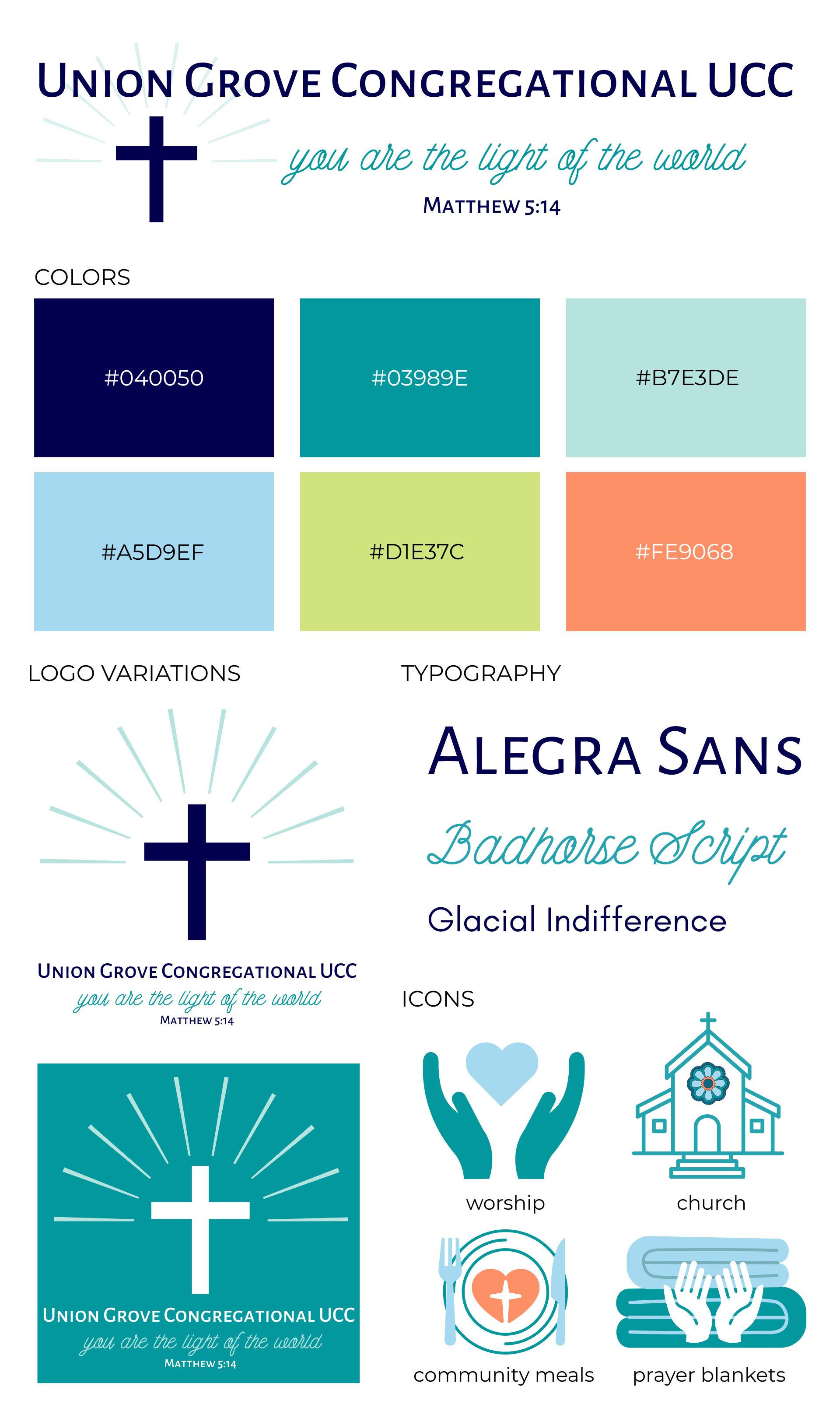 Design board for Union Grove Congregational UCC featuring logo variations, color palette, typography, and icons for worship, church, community meals, and prayer blankets, with scripture reference Matthew 5:14 and the slogan 'you are the light of the world.'