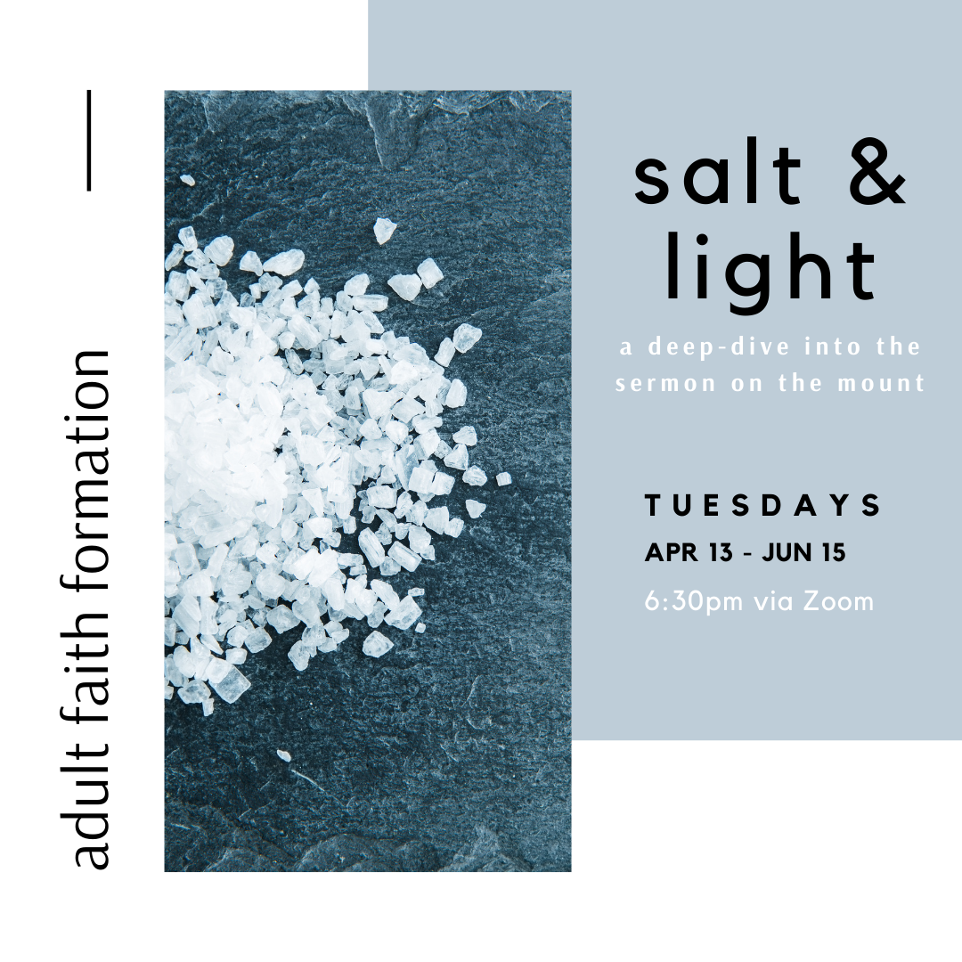 Photograph of coarse white salt crystals on a dark textured surface, with promotional text for a series of adult faith formation classes titled 'Salt & Light.'