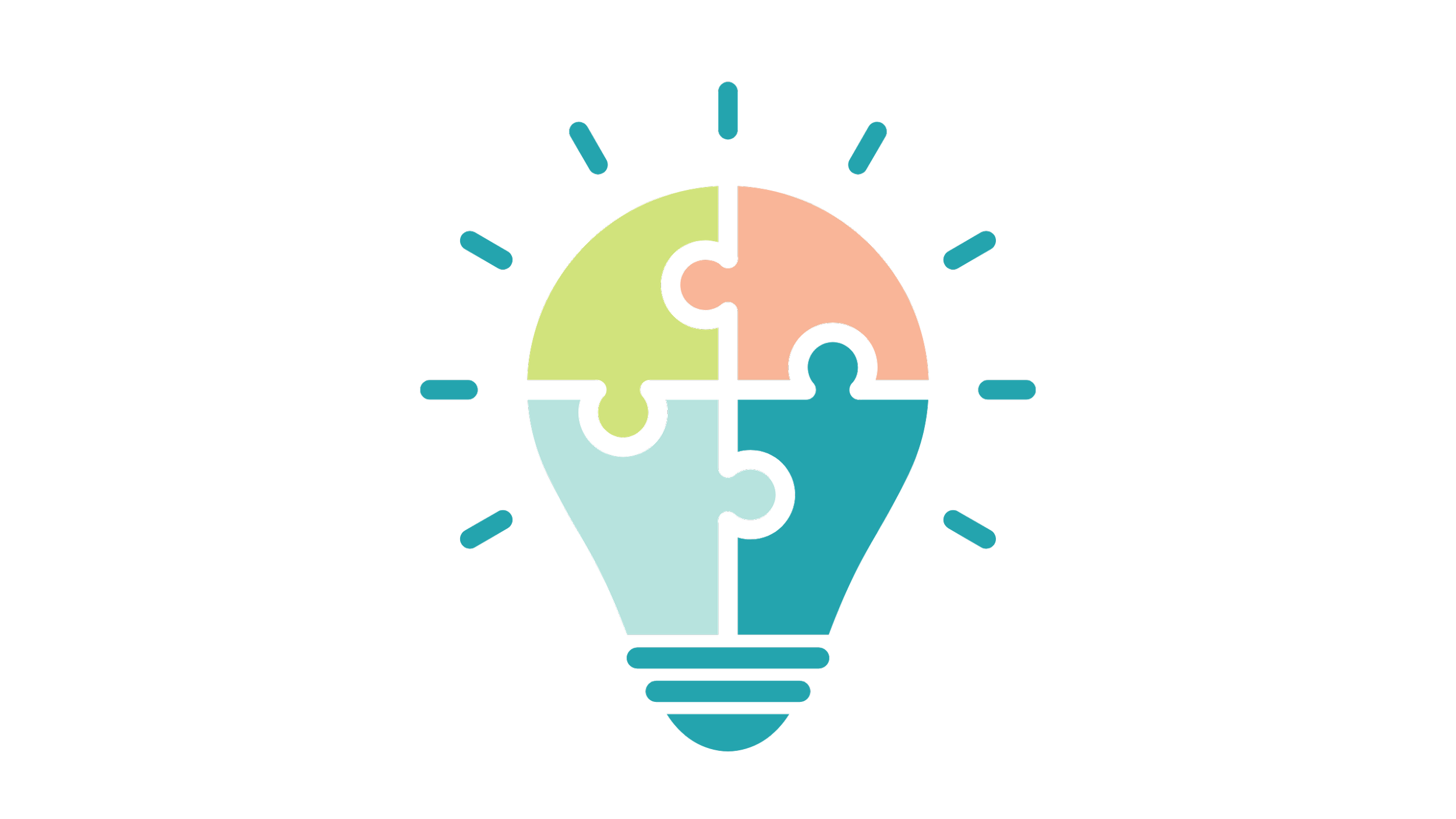 A graphic illustration of a light bulb made of four puzzle pieces, each in a different color, with lines pointing to icons and text describing various concepts around innovation and ideas.