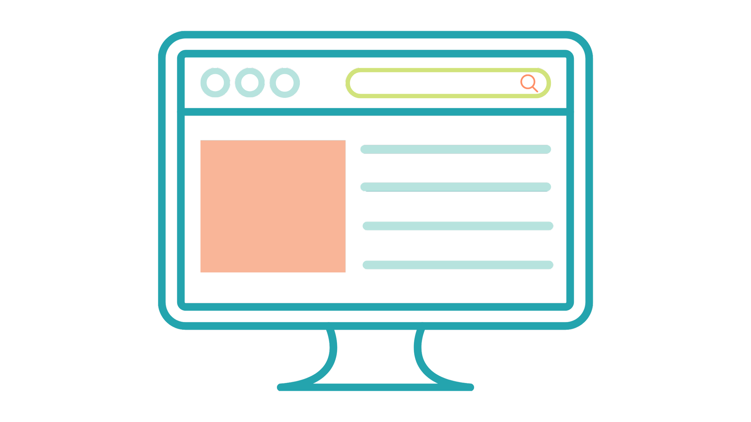 Digital illustration of a computer monitor displaying a web browser with a search bar, navigation buttons, and a list of menu items.