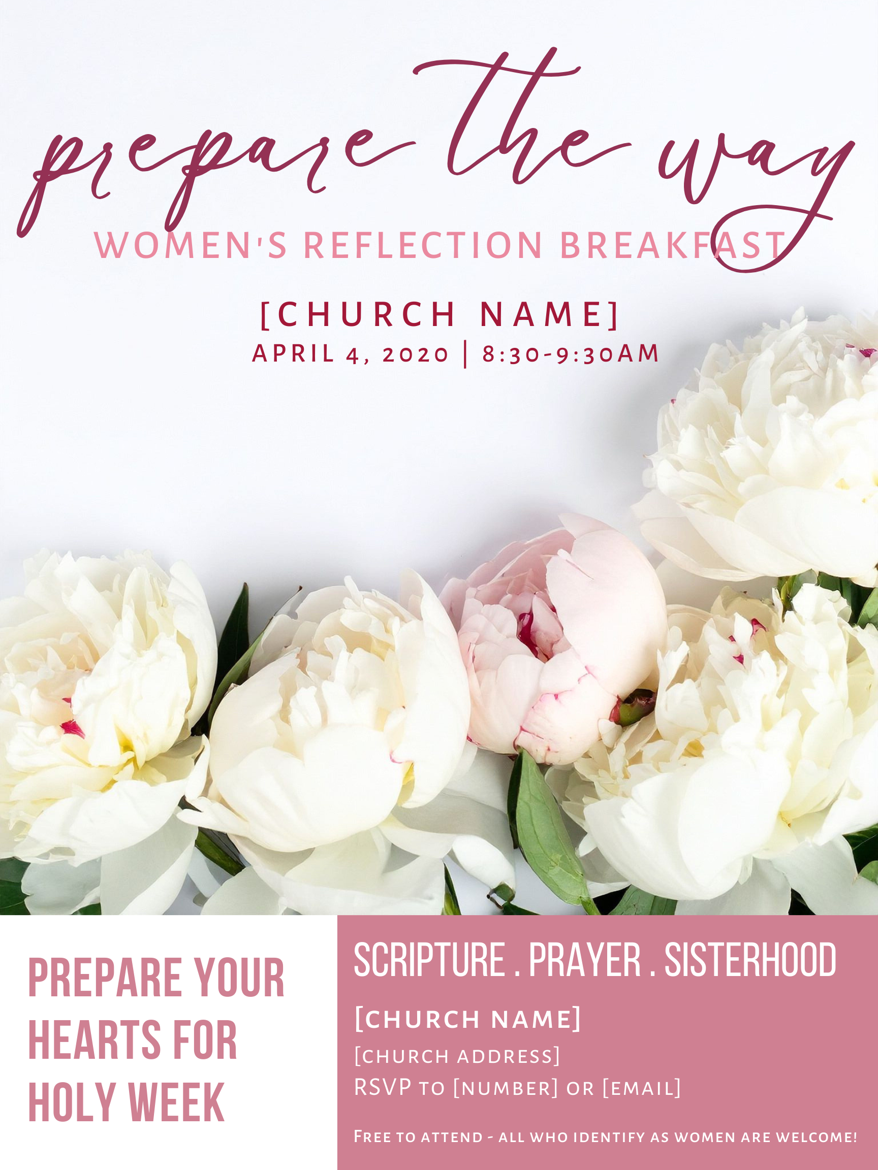 Invitation flyer for a women's reflection breakfast event with a floral background, displaying details about the date, time, and theme, and providing space for church name and contact information.