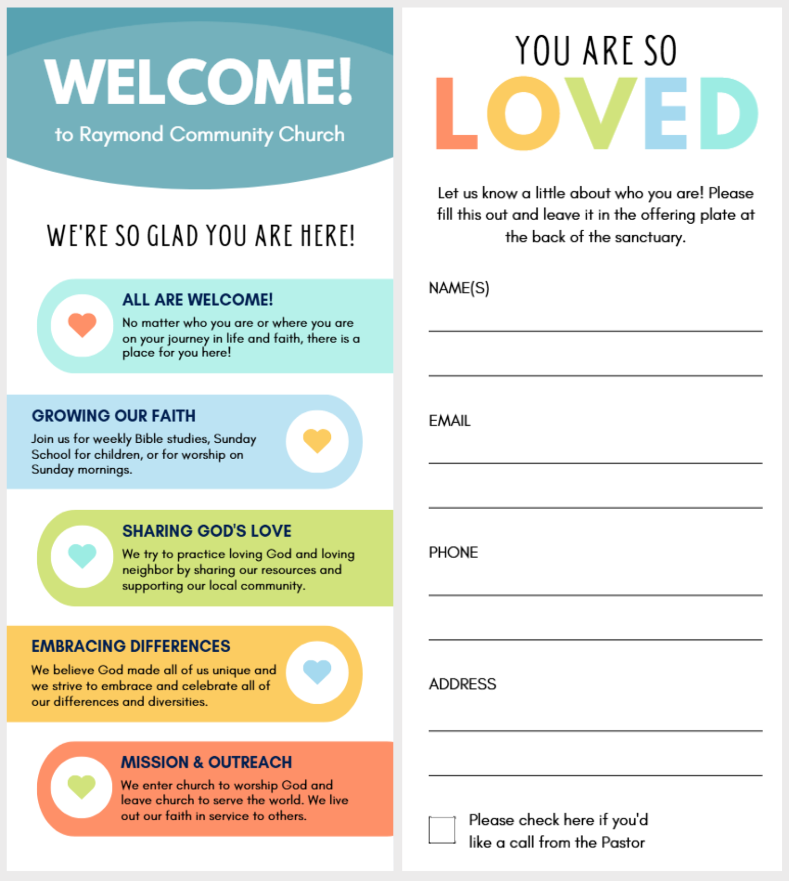 A welcome flyer for Raymond Community Church featuring sections on community inclusion, faith activities, love sharing, embracing differences, and mission outreach, along with a form to share personal information.