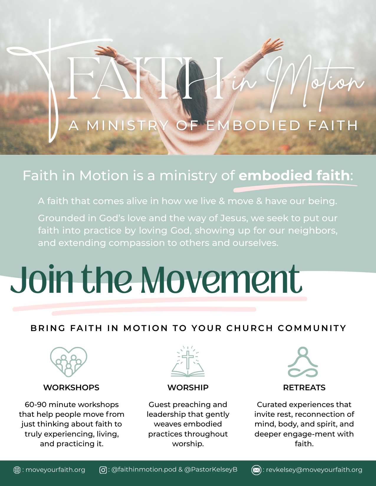 Poster promoting 'Faith in Motion,' a ministry of embodied faith, encouraging church community to join a movement through workshops, worship, and retreats, with a background of a person with open arms in a field.