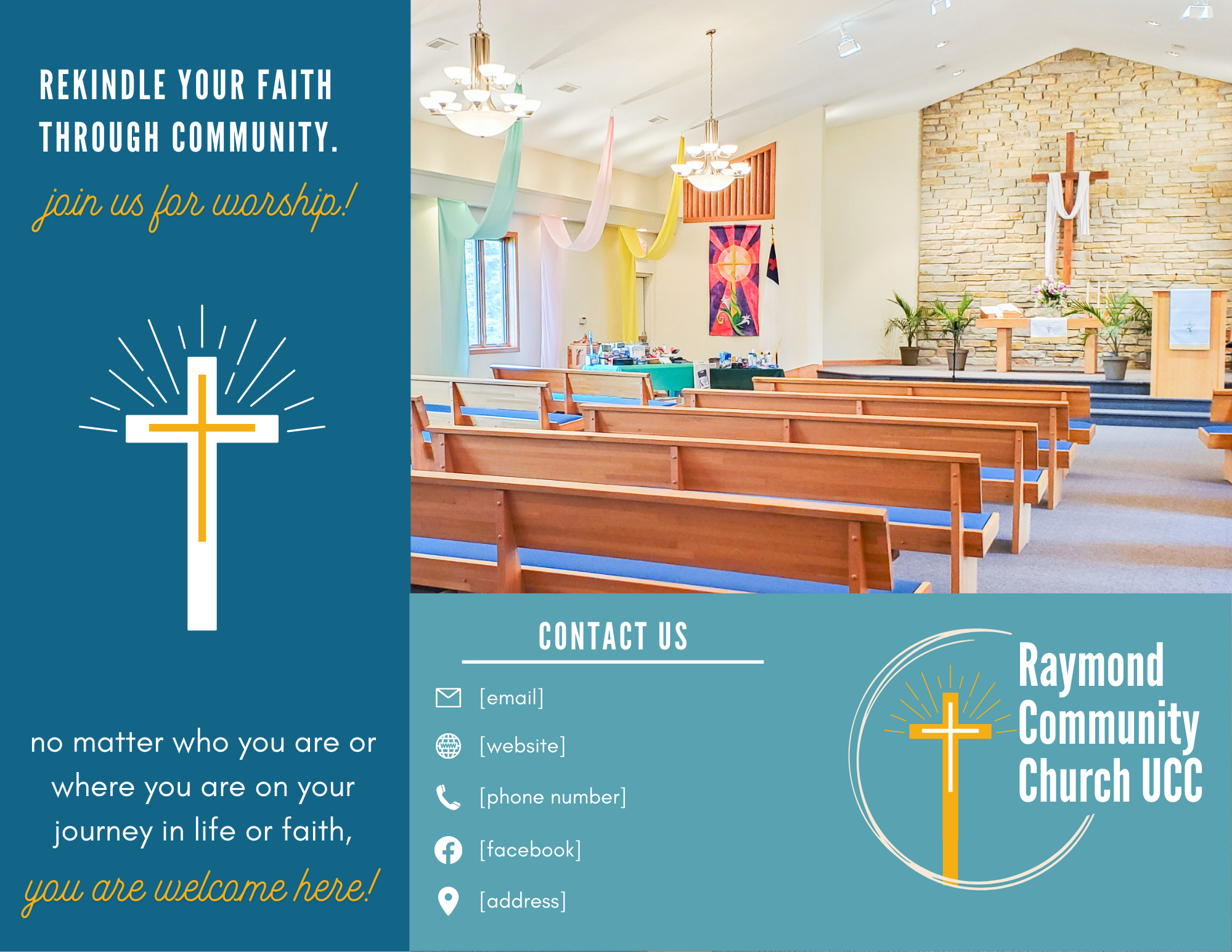Interior of a church with wooden pews, altar with cross and flowers, colored banners hanging from the ceiling, and a graphic design with church information including a cross symbol, church name Raymond Community Church UCC, and contact details.