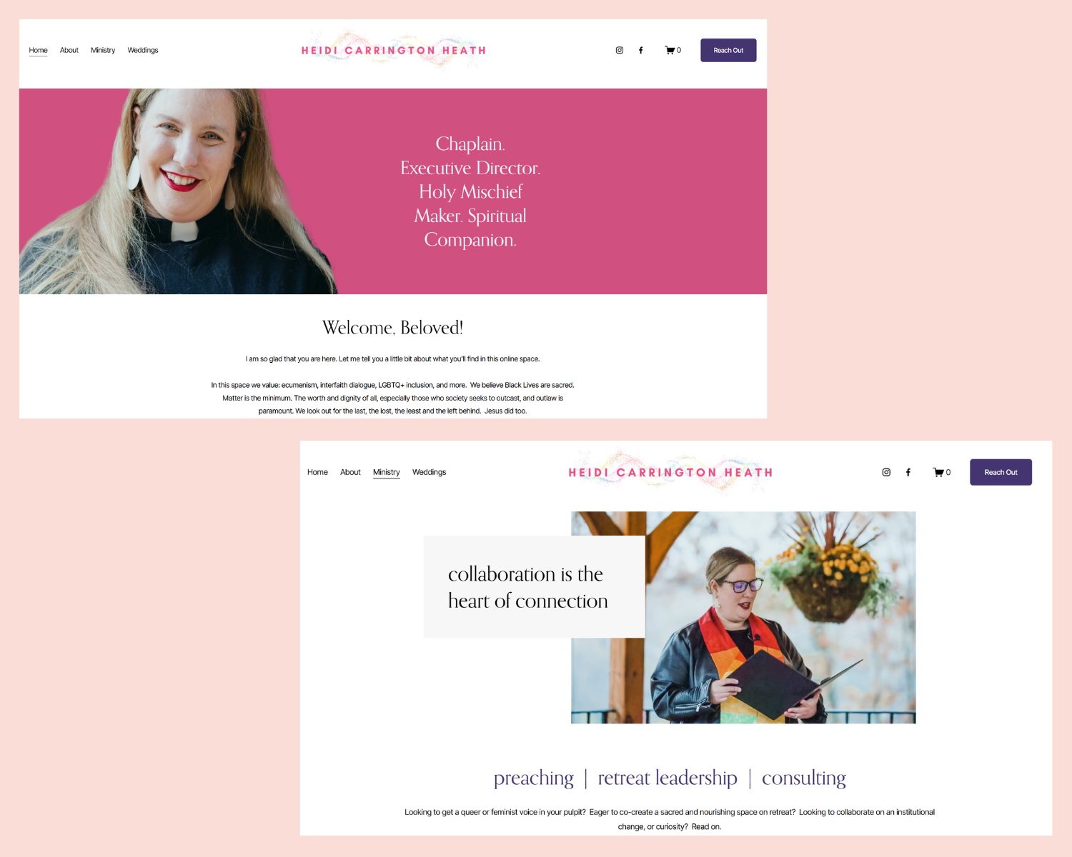 Screenshots of two website homepages for Heidi Carrington Heath, featuring images of women, pink and white color schemes, and navigation menus with options for 'Home,' 'About,' 'Ministry,' and 'Weddings'.