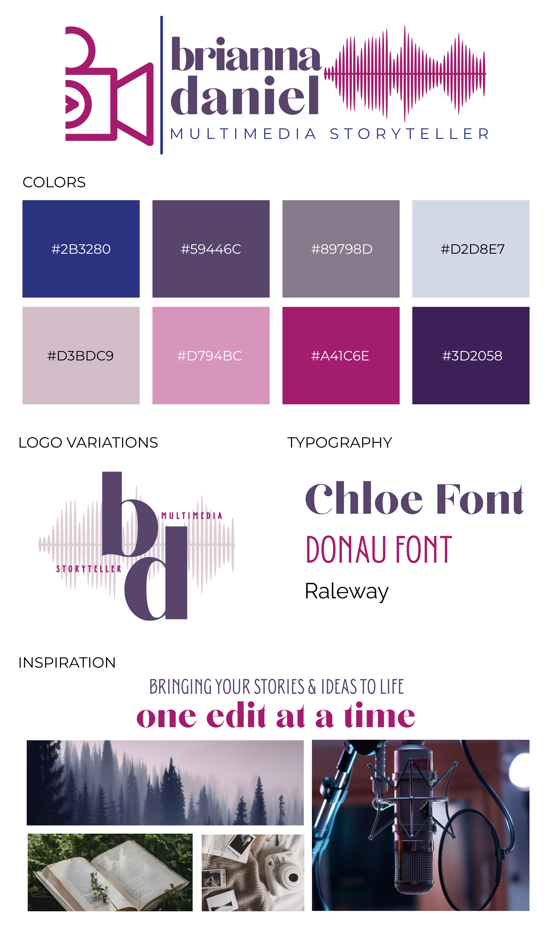 Branding guide for Brianna Daniel Multimedia Storyteller, featuring color palette, logo variations, typography, and inspirational images of nature, books, and recording equipment.