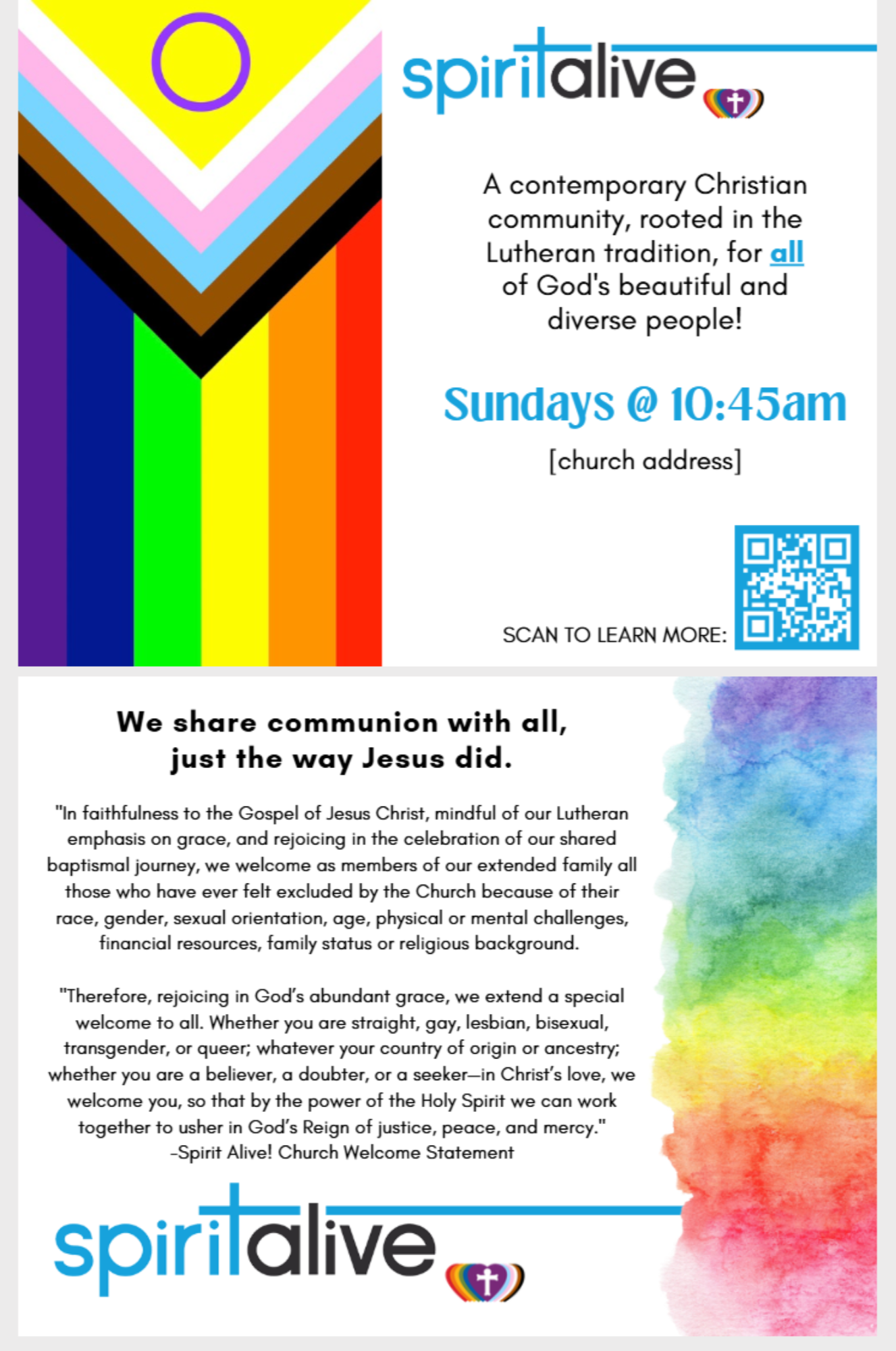 Flyer for Spirit Alive church with a rainbow pride flag pattern on the left and rainbow watercolor on the right. Text announces a contemporary Christian community rooted in Lutheran tradition with worship Sundays at 10:45 am, includes a QR code, and a statement about welcoming all genders and sexual orientations.