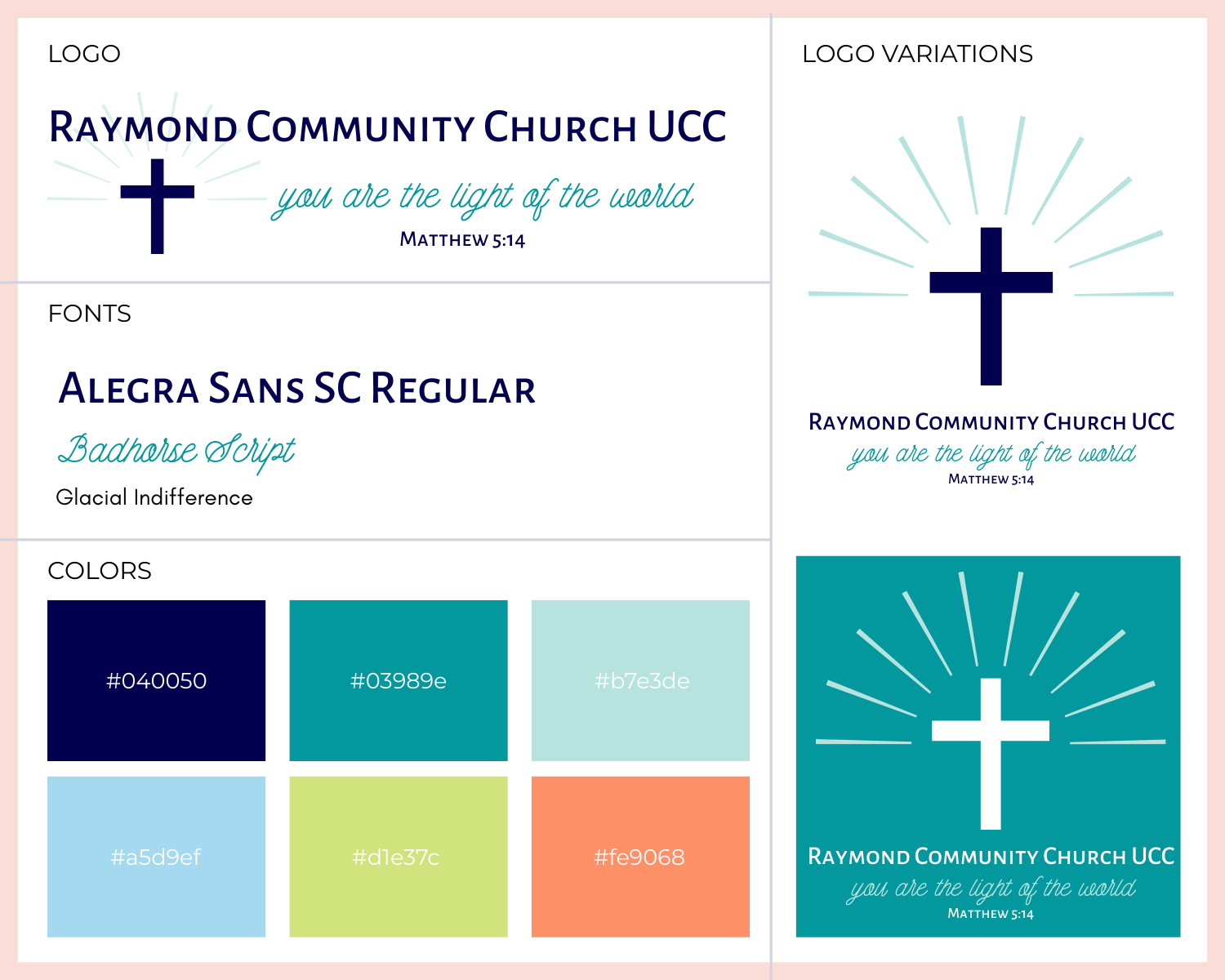 A branding style guide for Raymond Community Church UCC featuring a logo with a cross and radiating lines, the church name, a Bible verse, font details, color palette, and logo variations.