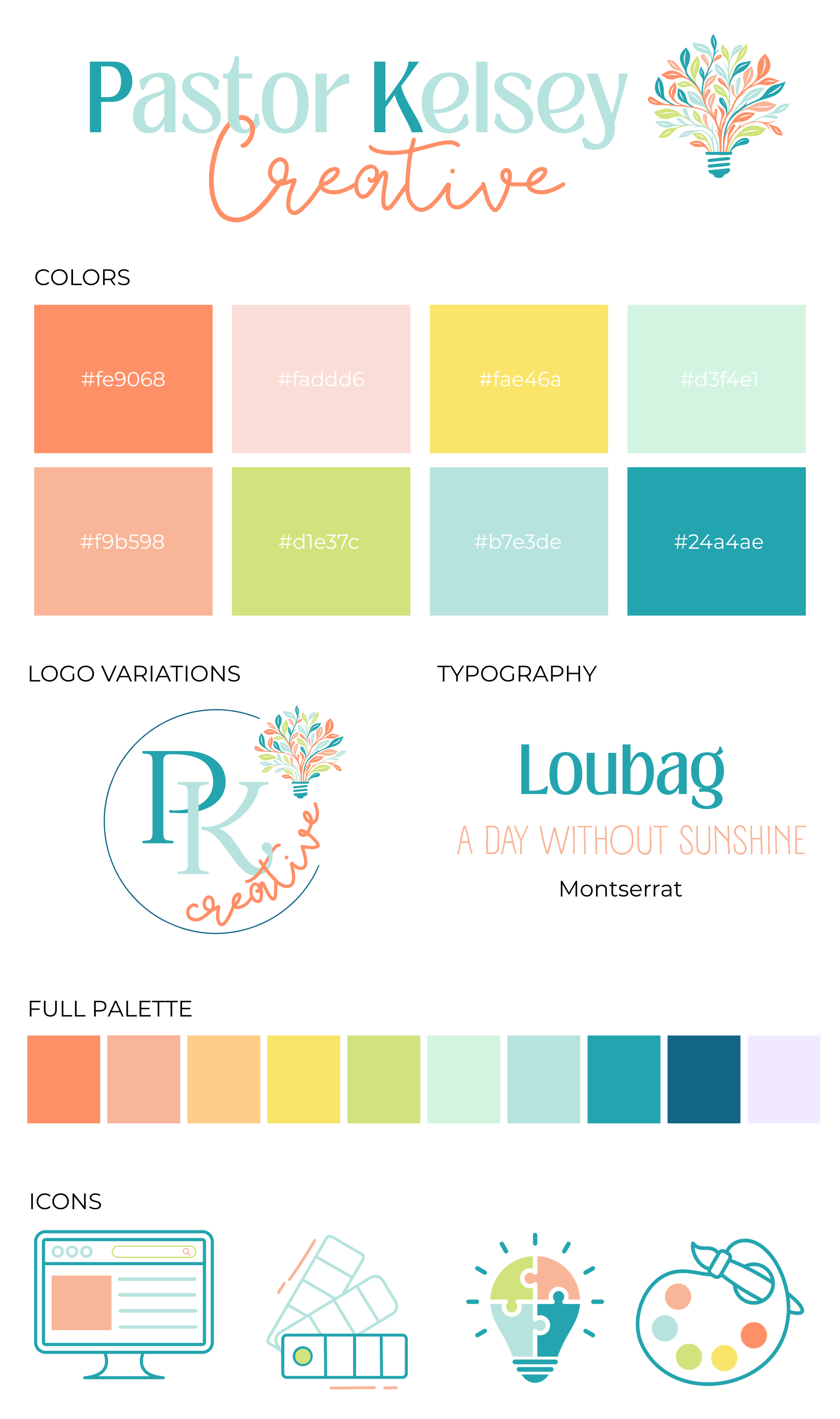 Branding style guide for Pastor Kelsey Creative, featuring a color palette, logo variations, typography, and icons.
