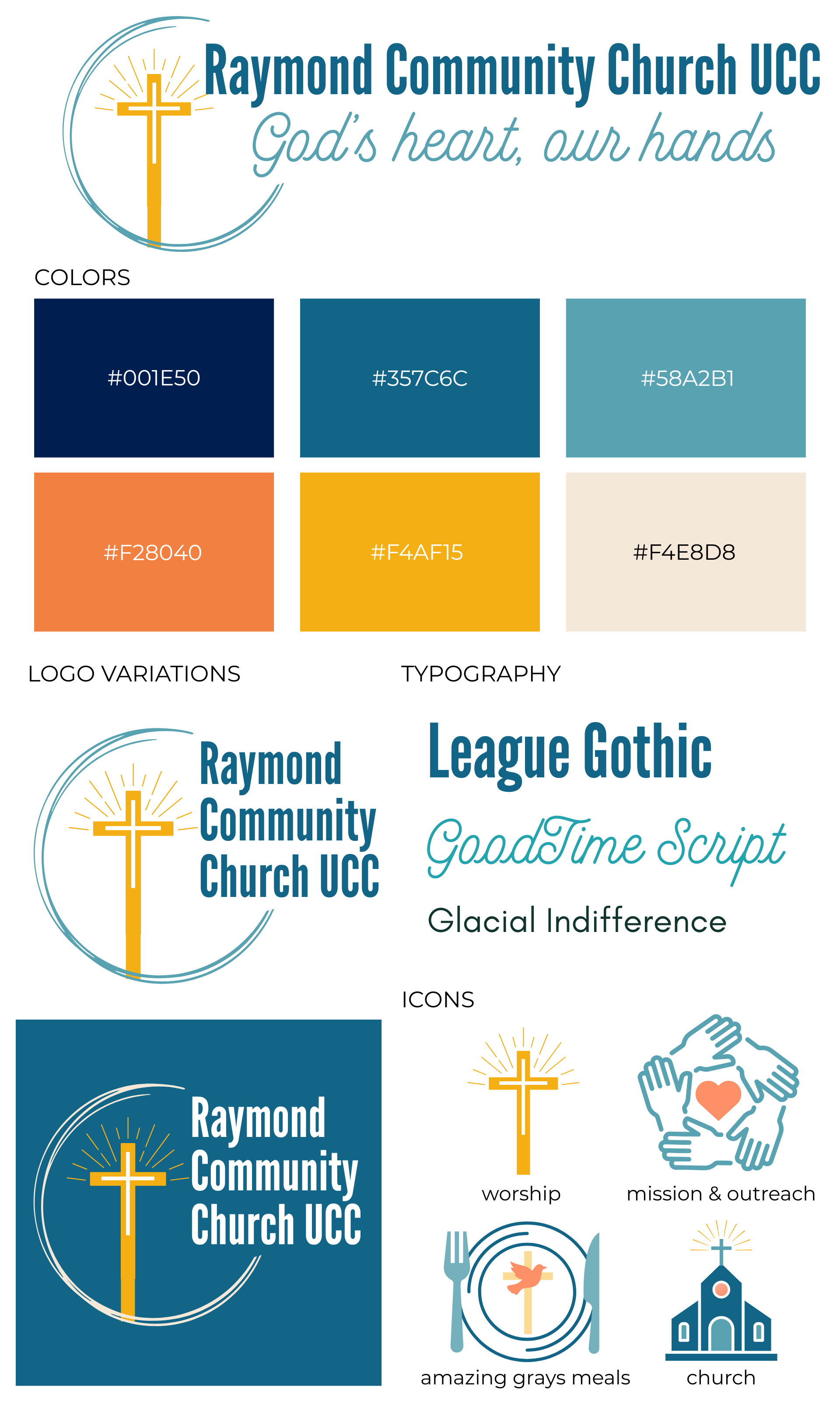 Design board for Raymond Community Church UCC with logo, color palette, typography, logo variations, and icons related to worship, outreach, meals, and church.