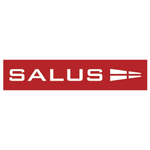 Salus logo with red background and white text