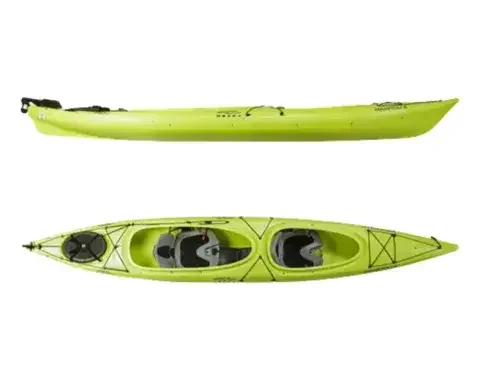 Yellow kayak with two seats and paddles, viewed from the top.