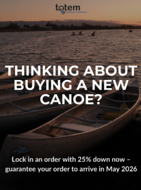 Image promoting kayak purchase with a sunset over a lake, showing canoes and kayaks on the water and a small boat with people. Text reads: 'Thinking about buying a new canoe? Lock in an order with 25% down now - guarantee your order to arrive in May 2026.'