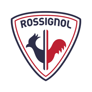 Rossignol logo with a shield shape, featuring a black rooster on the left and a red wild boar on the right, separated by a vertical line.