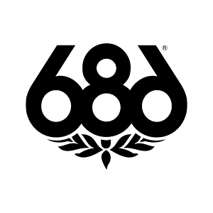 The number 680 stylized in black with decorative laurel leaves beneath it on a white background.