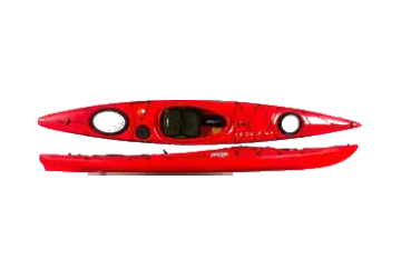 Red kayak with black seat and white accents, shown from a top-down view.