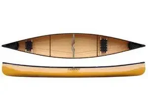 A wooden canoe with black accents and a yellow paddle.