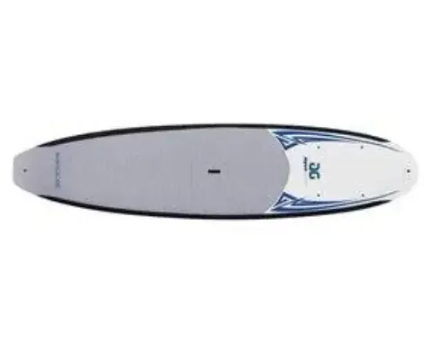 Top view of a stand-up paddleboard with a white and blue design.