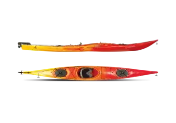 Two kayaks, one yellow and one red, placed side by side.
