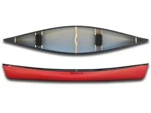 A kayak with a blue and gray top view and a red bottom view.