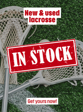 Lacrosse sticks on grass with a sign that reads 'New & used lacrosse in stock' and 'Get yours now!'