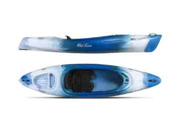 Blue and white kayak shown from side and top views.