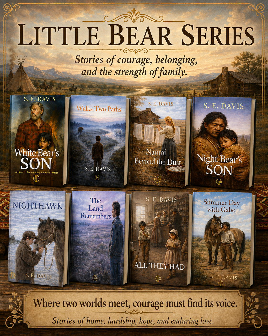 Collage of eight Little Bear Series books by S. E. Davis, set against a Montana frontier landscape with tipis, mountains, and a cabin.