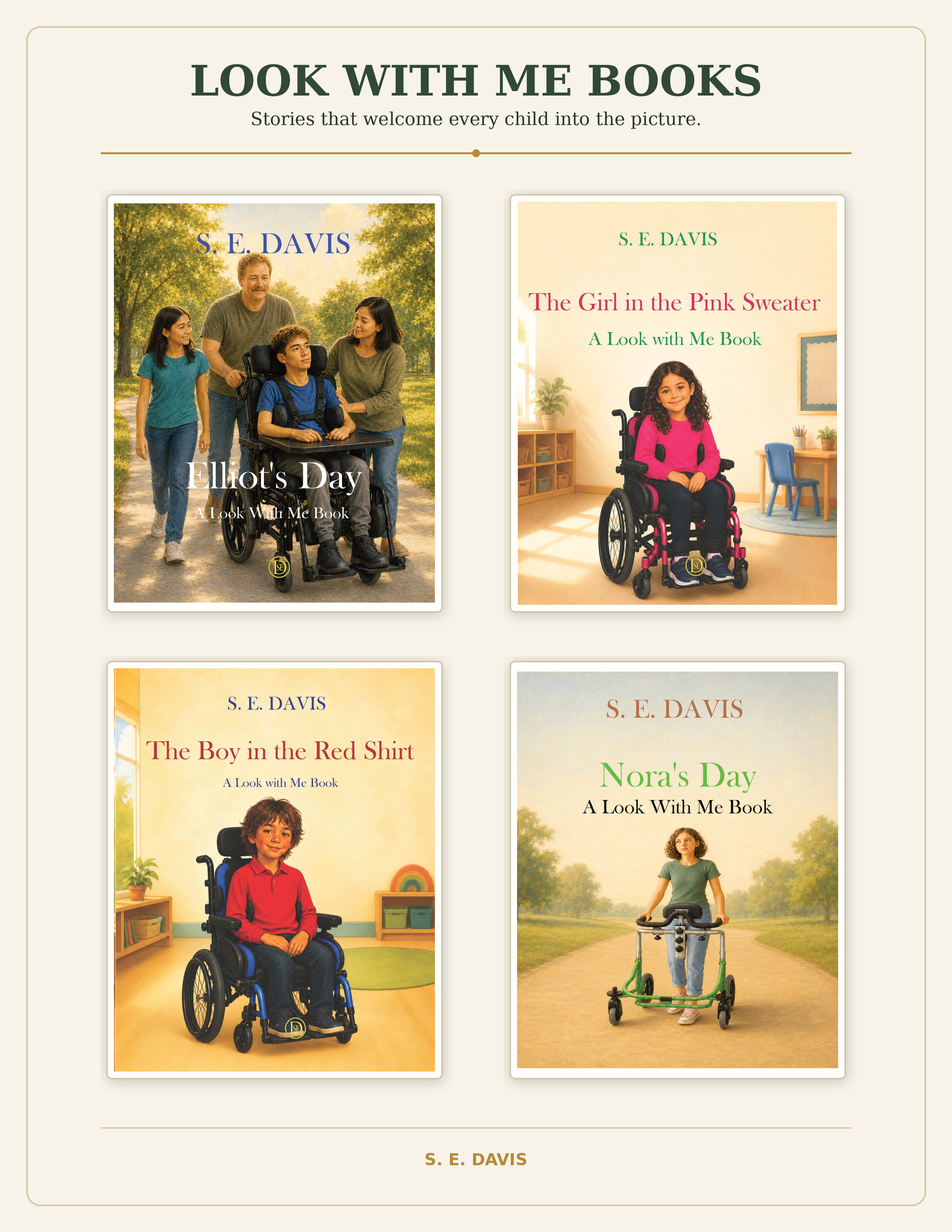 Collage of four Look With Me Books by S. E. Davis, featuring children who use wheelchairs and other mobility devices.