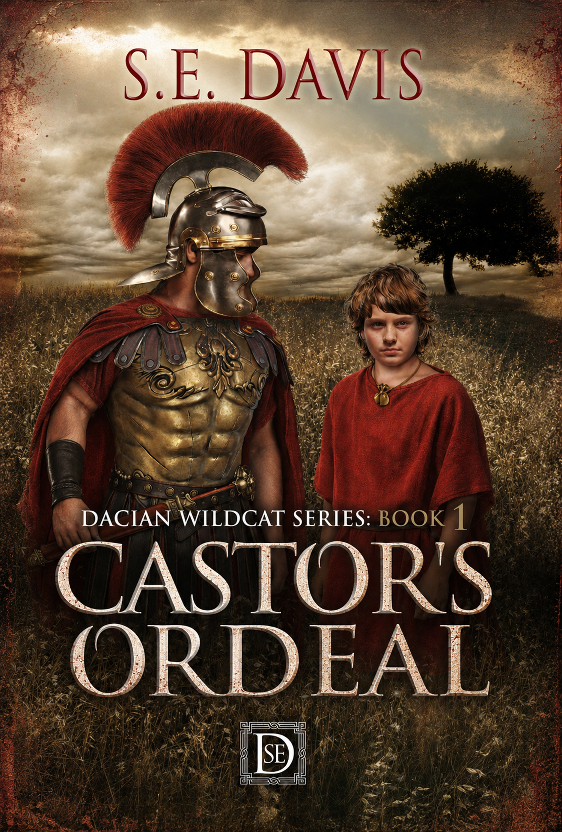 ten year old sandy haired boy in red tunic standing next to a Roman soldier in an open field of tall grass