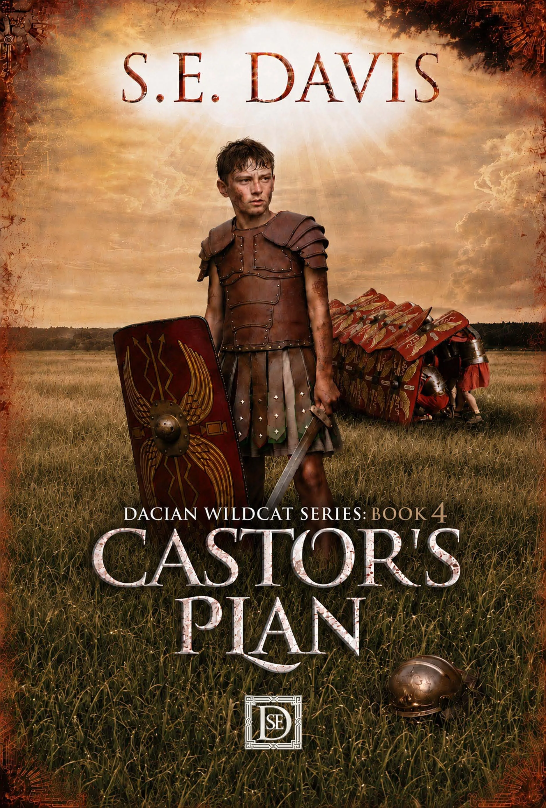 12 year old boy wearing roman armor holding a shield and gladius, which are lowered and helmet lying on ground, boy looks exhausted, in background soldiers in formation with shields raised in front and on top of them for protection in an open field