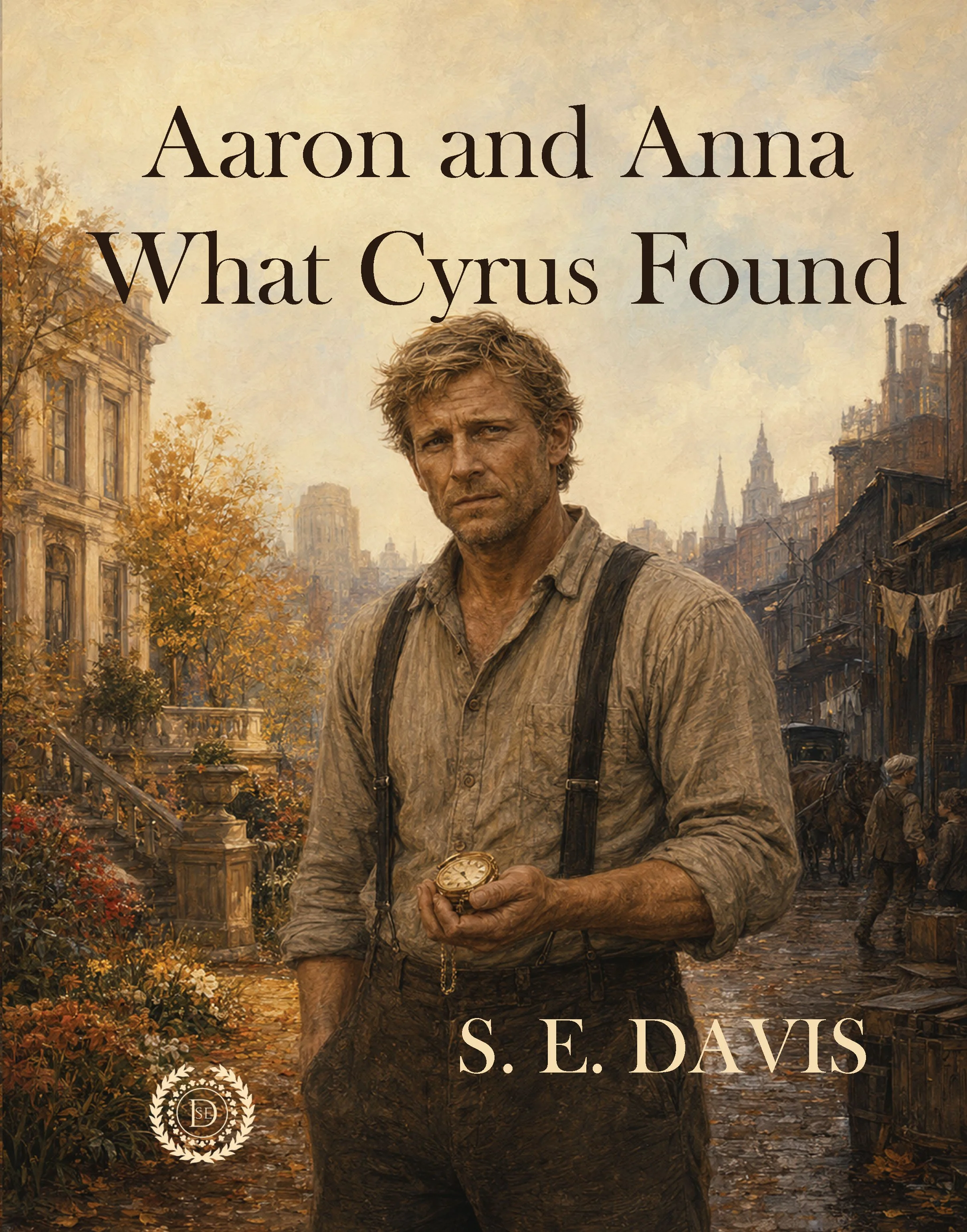 Cover of Aaron and Anna: What Cyrus Found by S. E. Davis. Cyrus stands between a bright autumn garden and a shadowed New York alley, holding a gold pocket watch with a thoughtful, determined expression.