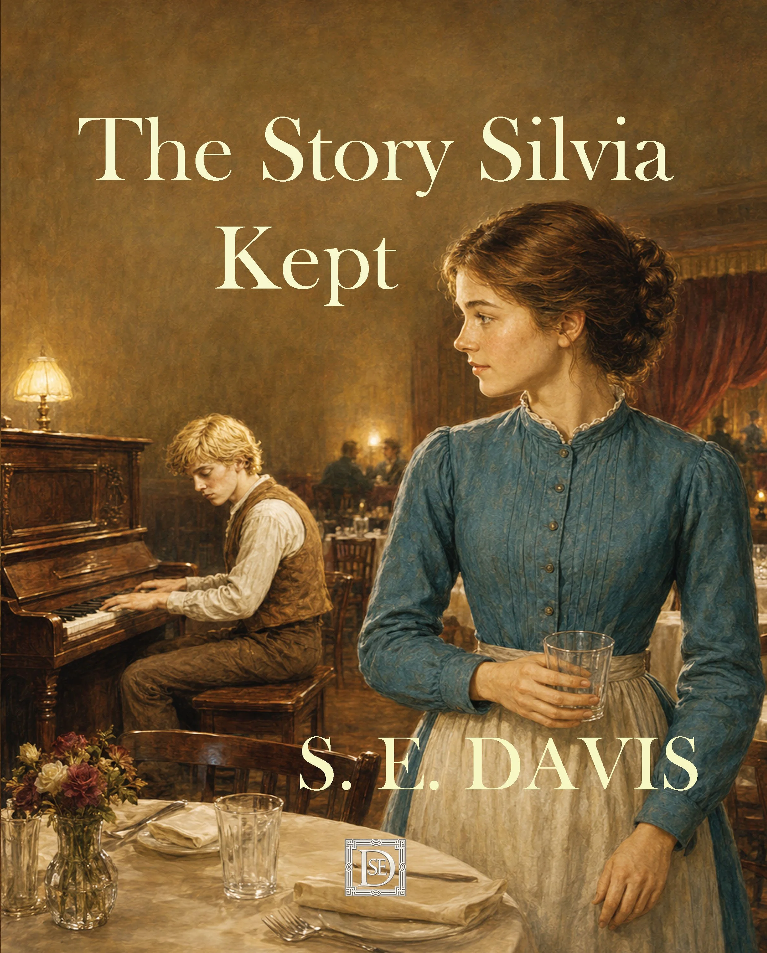 teenage girl standing at a restaurant table looking over her shoulder at a teenage boy playing the piano