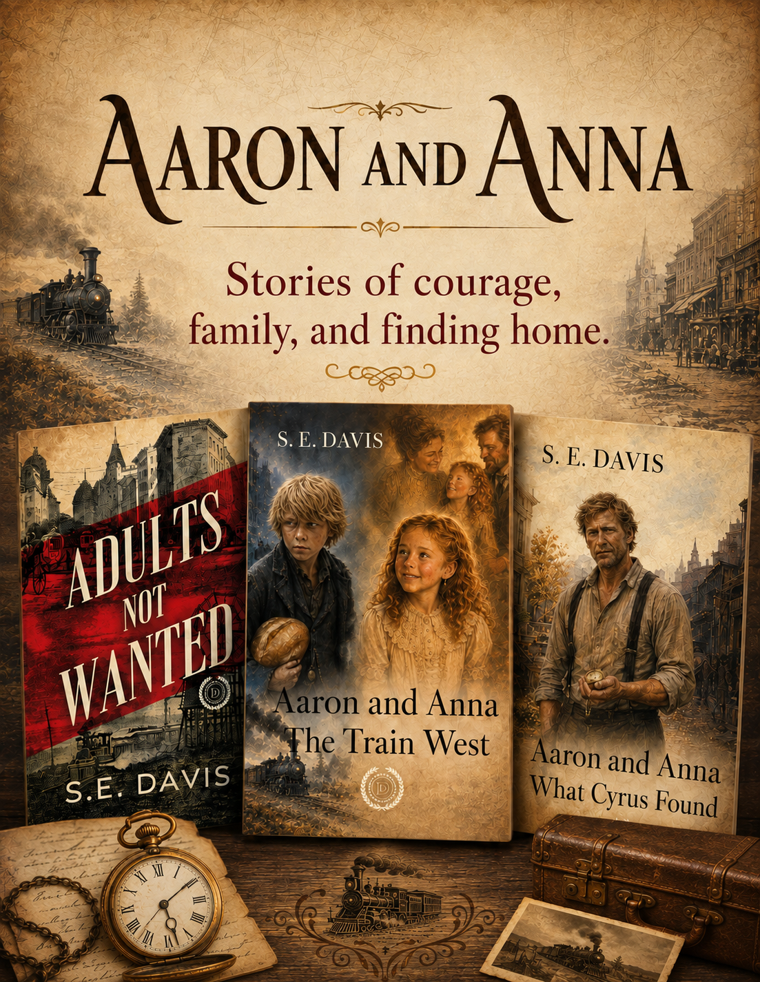 Collage of three Aaron and Anna books by S. E. Davis: Adults Not Wanted, The Train West, and What Cyrus Found., Stories of courage, family, and finding home