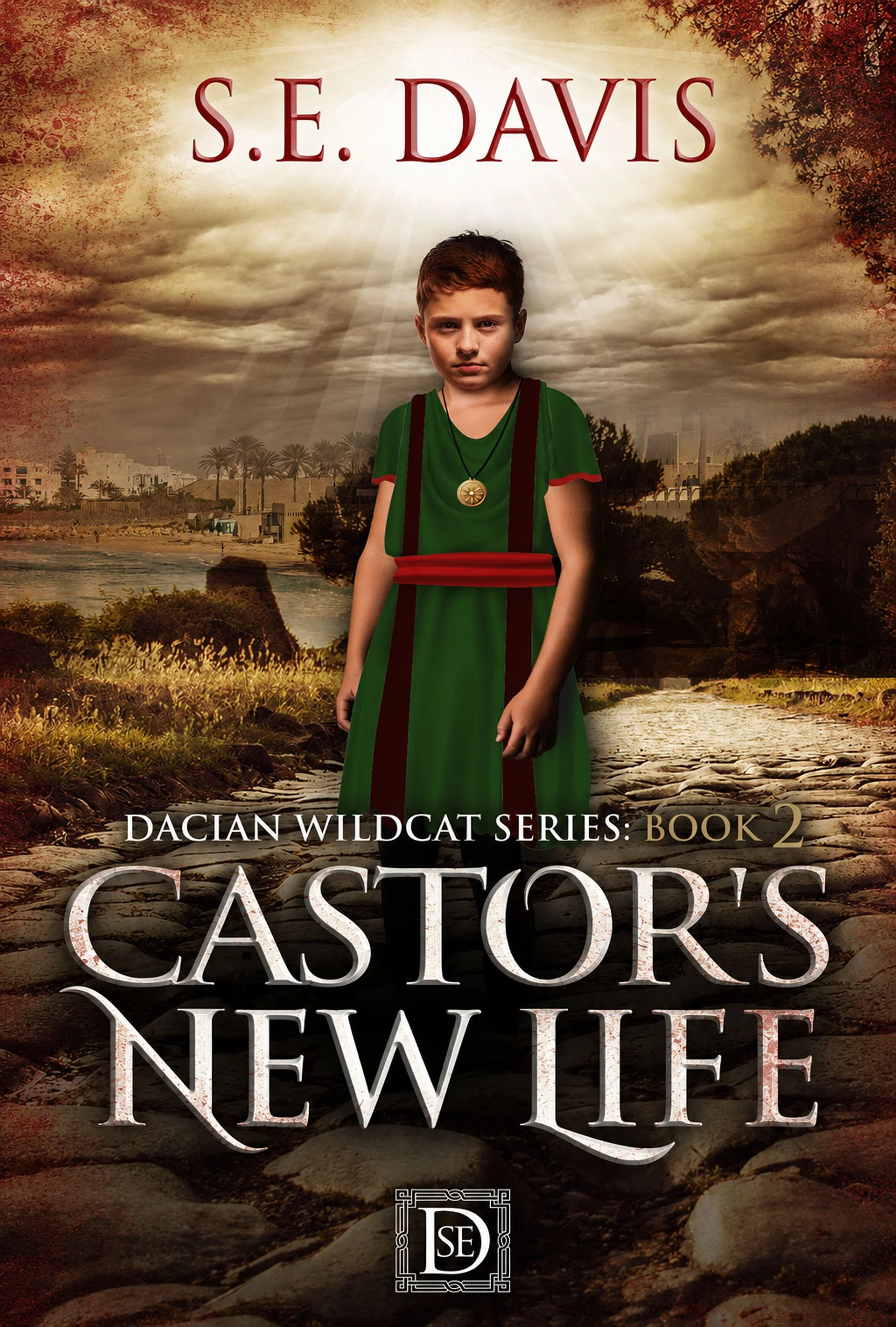 11 year old boy in a green roman tunic with two purple strips in foreground, background ancient coastal city