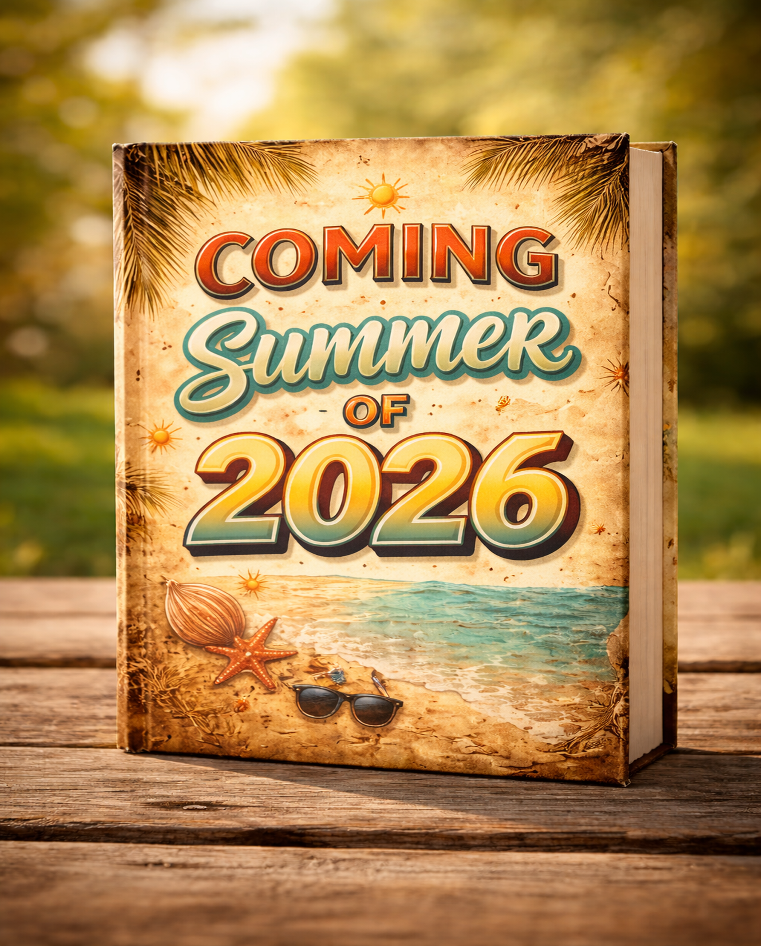 book showing summer scene title, coming summer of 2026