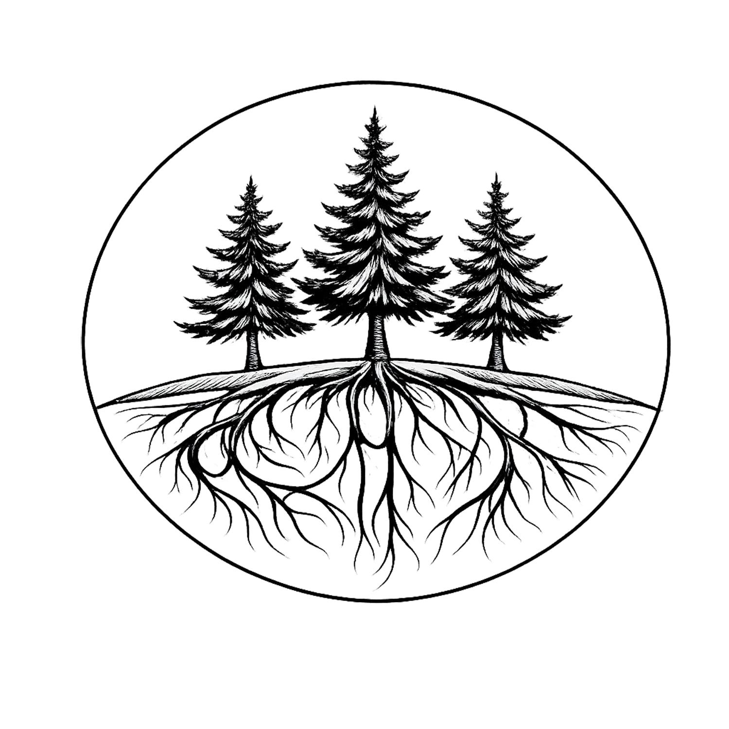 Three pine trees with root system shown, PHH entwined in roots