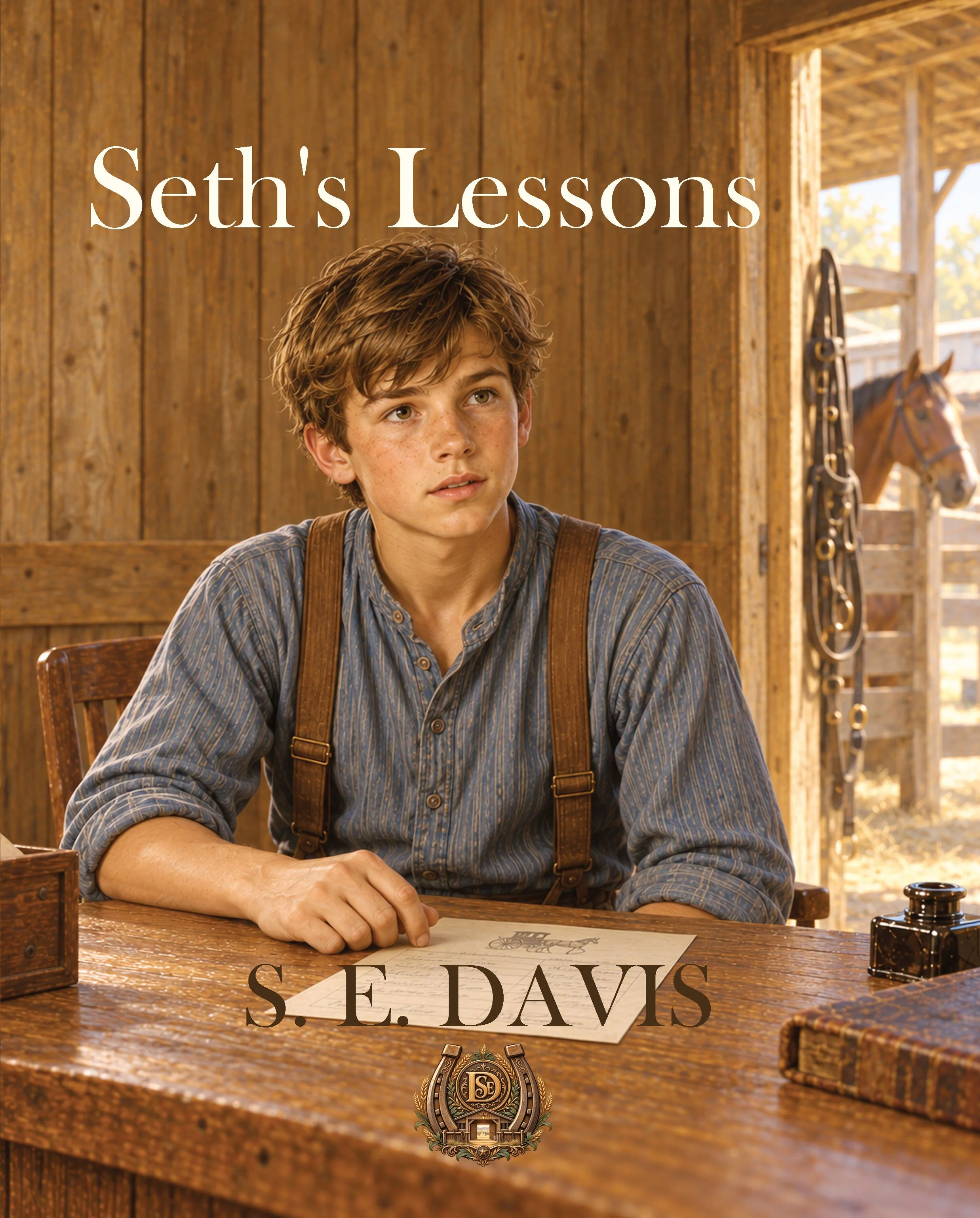book cover for seth's lessons by S. E. Davis, livery office interior, brown haired teenage boy sits at the desk with a paper laying on it horse seen in corral in background out the open door