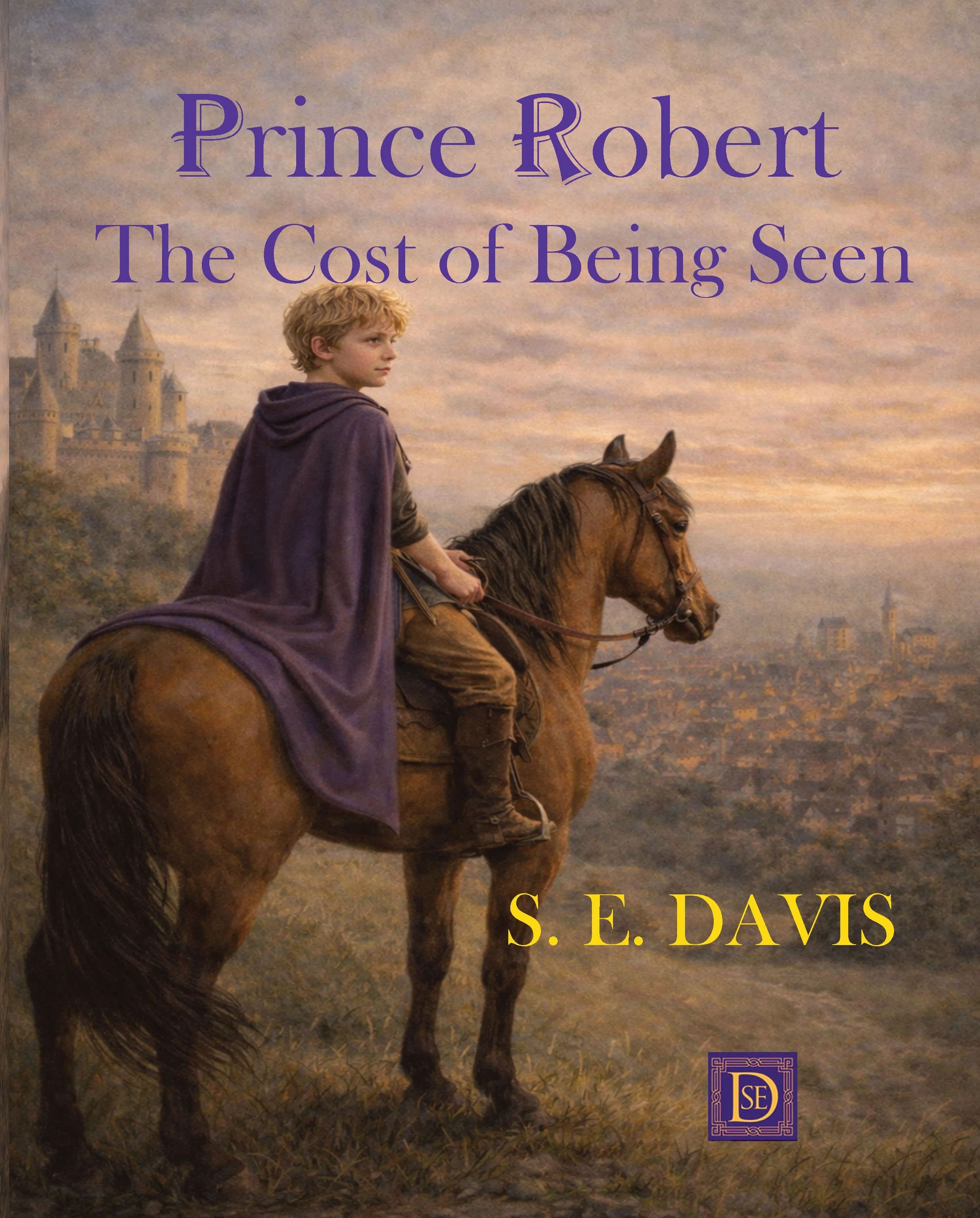 A blond boy in a purple cloak sits on a brown horse on a hillside, looking out over a medieval city at sunset. A castle rises on the left, and the city spreads across the valley below under a softly clouded sky.