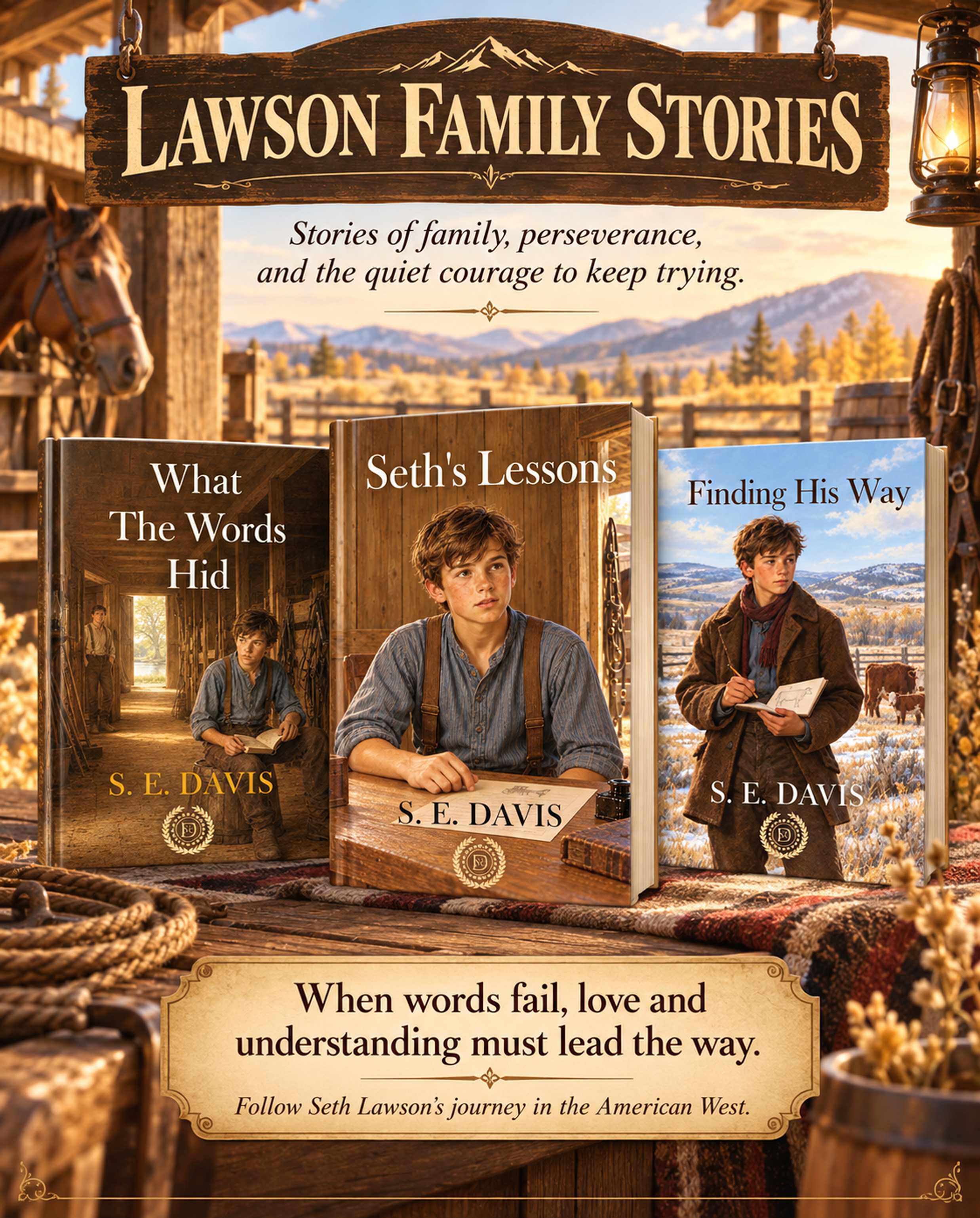 Collage of the Lawson Family Stories, What The Words Hid, Seth's Lessons, and Finding His Way, Stories of family, perseverance, and the quiet courage to keep trying, when words fail, love and understanding must lead the way.