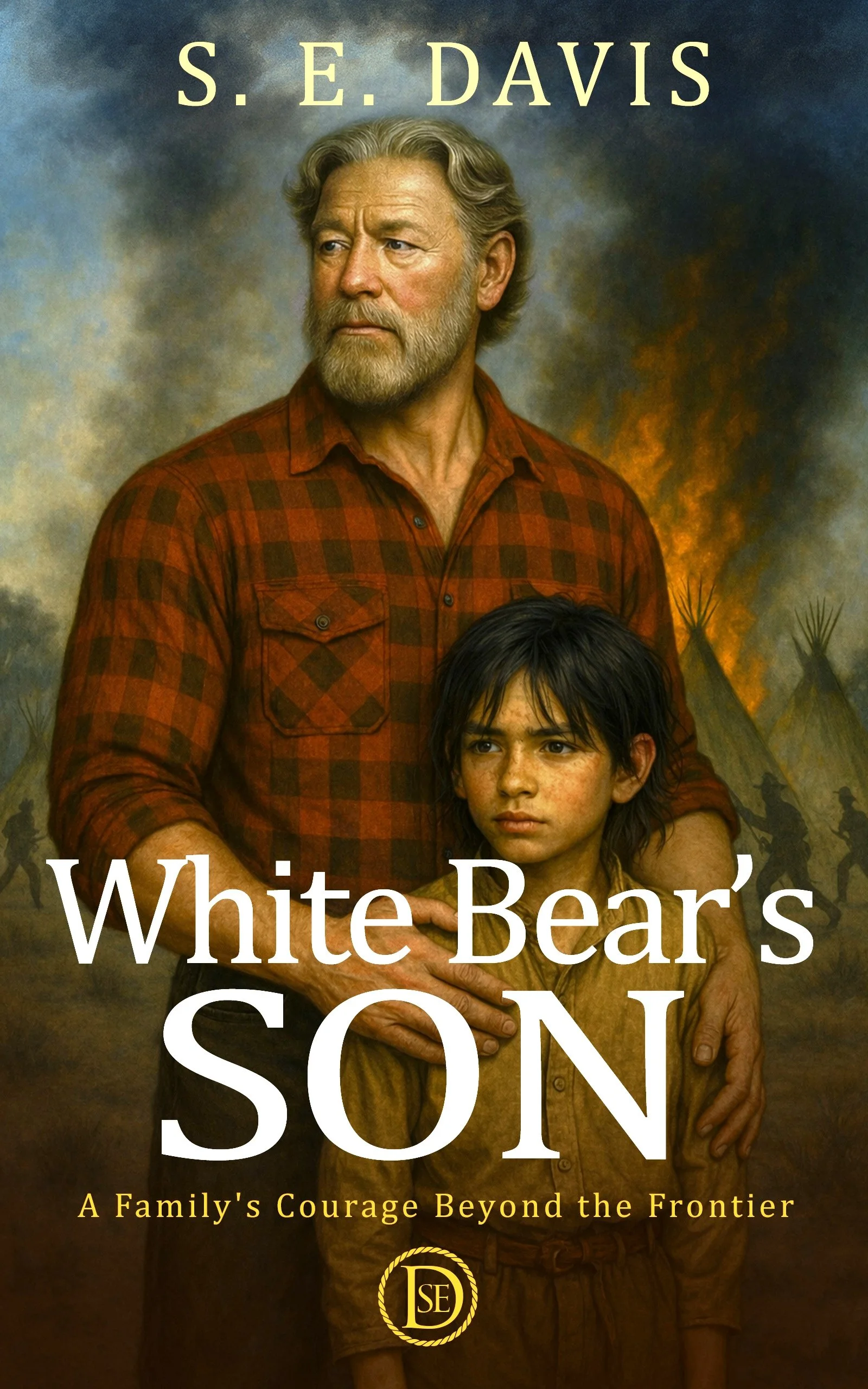 foreground large blonde-haired man hands protectively on a Native American boy's shoulders while a village burns in the background.