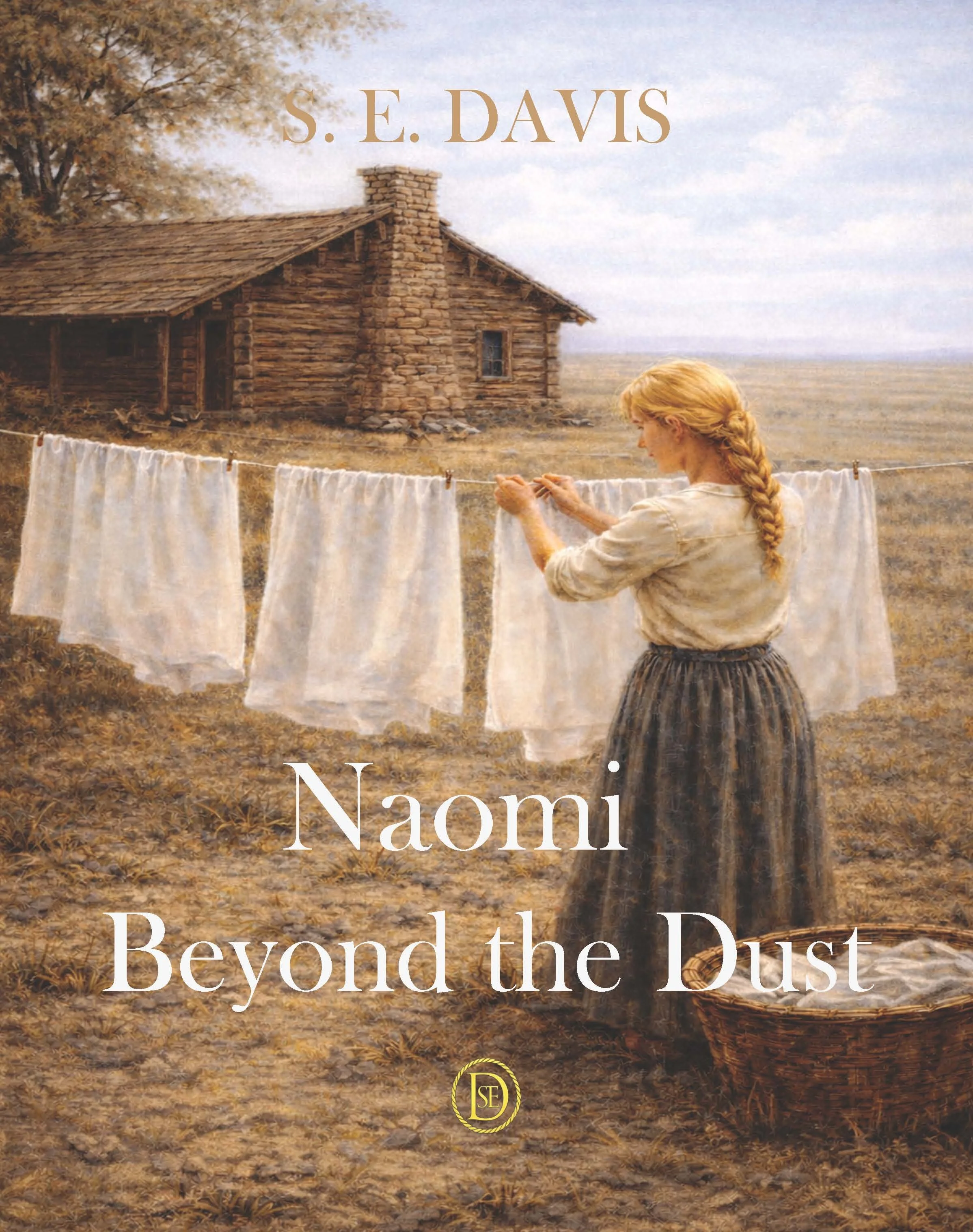 blonde haired woman hanging laundry on the prairie outside a log cabin