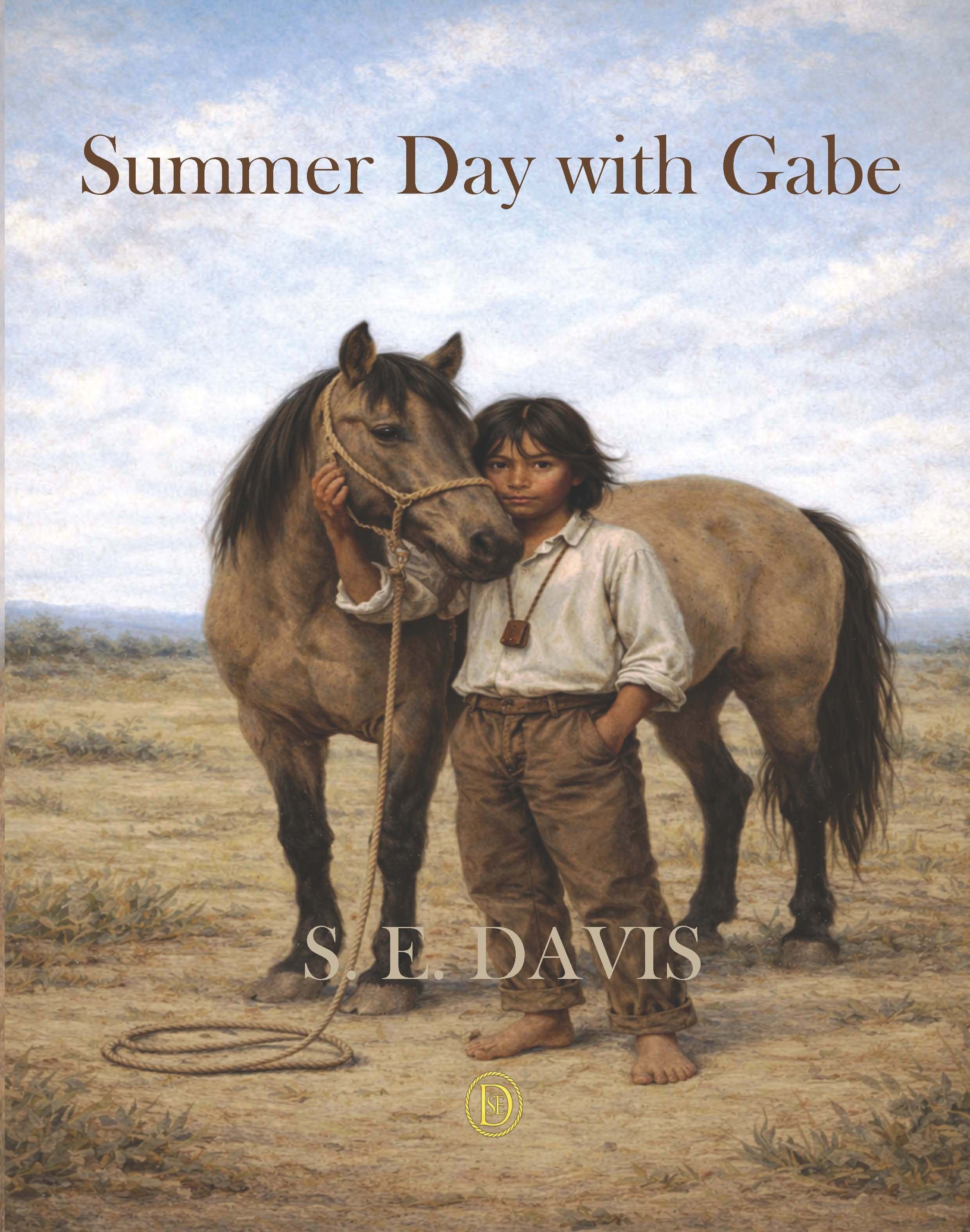 Native American boy standing with a grullo mustang. The boy's hand is lovingly holding the horse's head