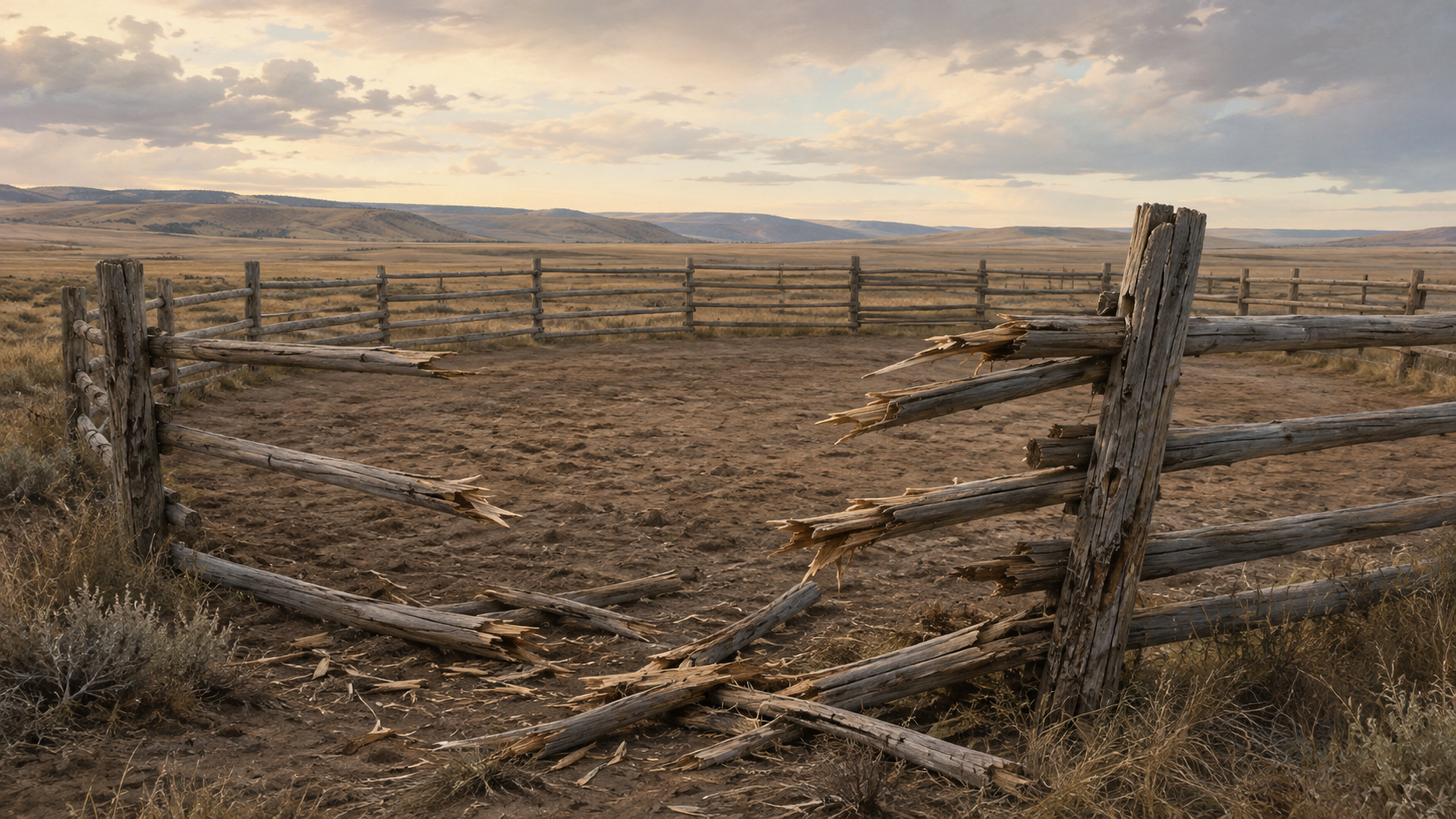 round corral built with pole rails one section has all broken rails
