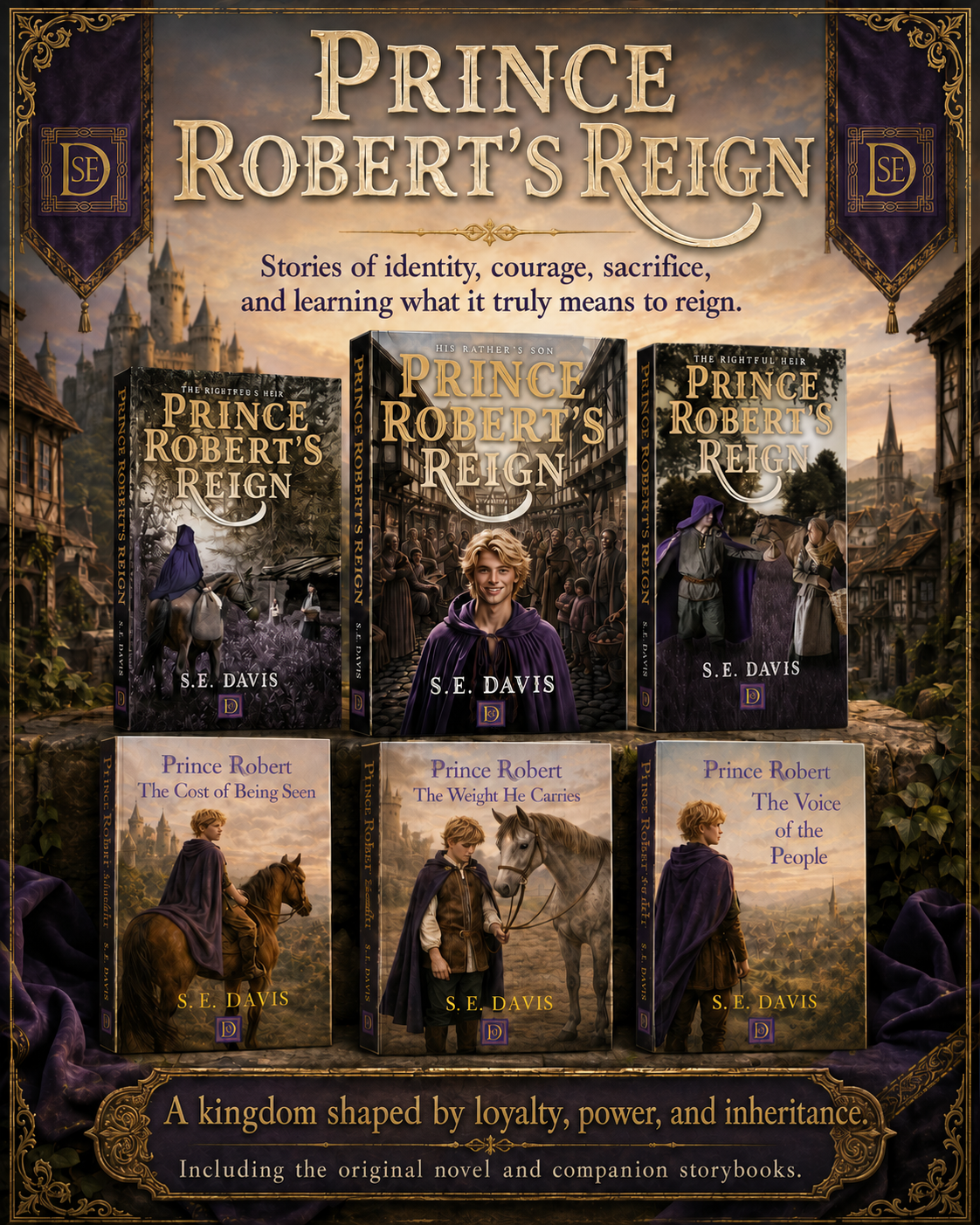 Promotional collage for S. E. Davis’s Prince Robert’s Reign series, featuring three novels and three companion storybooks against a medieval town and castle, framed with royal-purple banners and ornate gold details.
