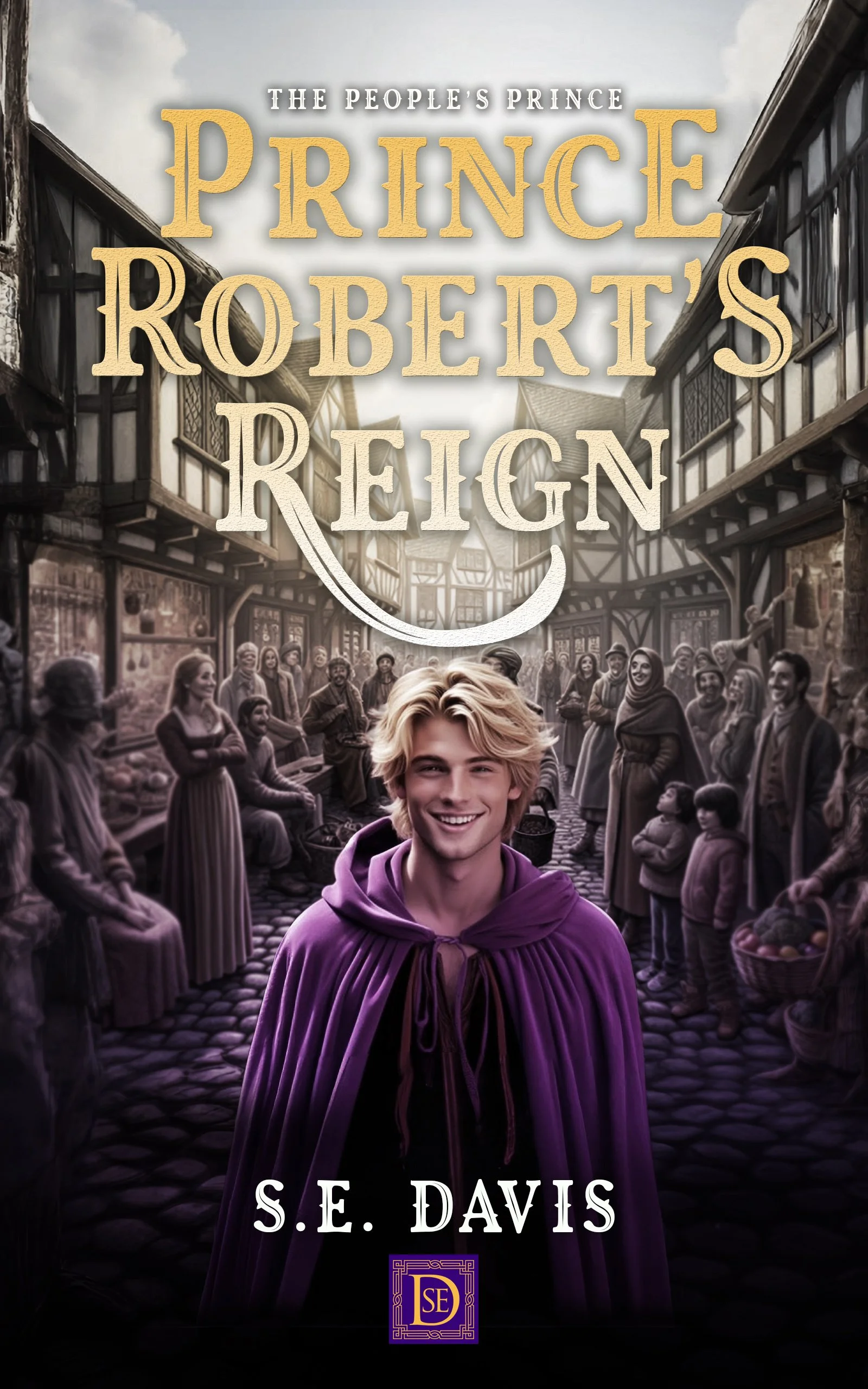 Foreground: blonde man wearing purple cloak, background: narrow street with two story buildings, crowded with people smiling as prince passes.