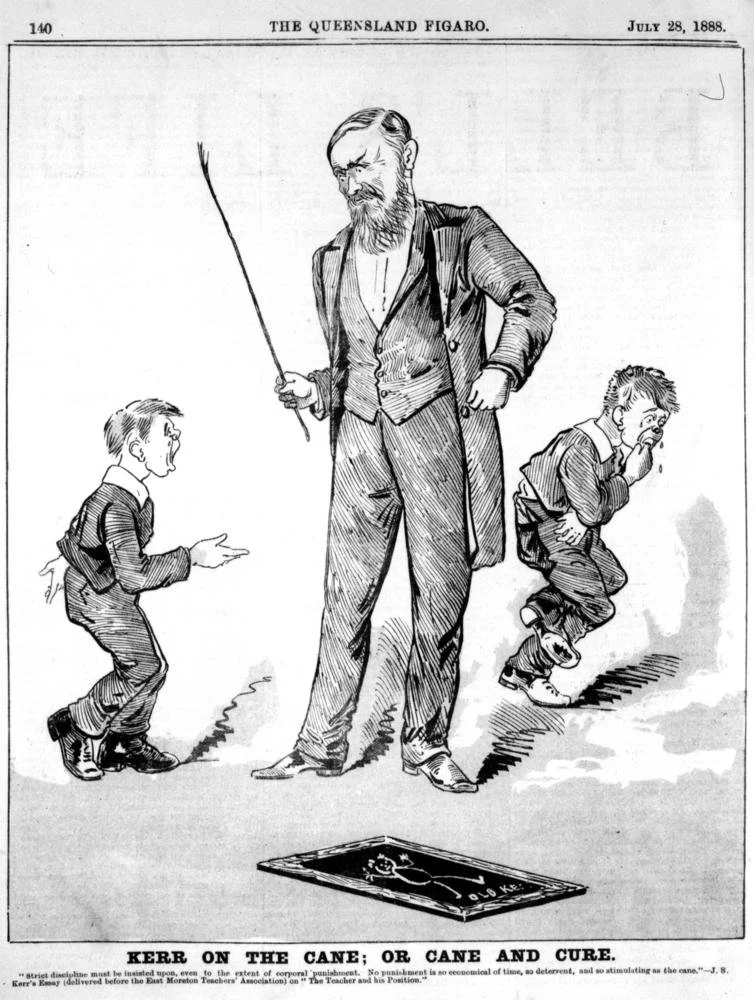 school master holding a switch and two boys, one crying and one ready to receive punishment