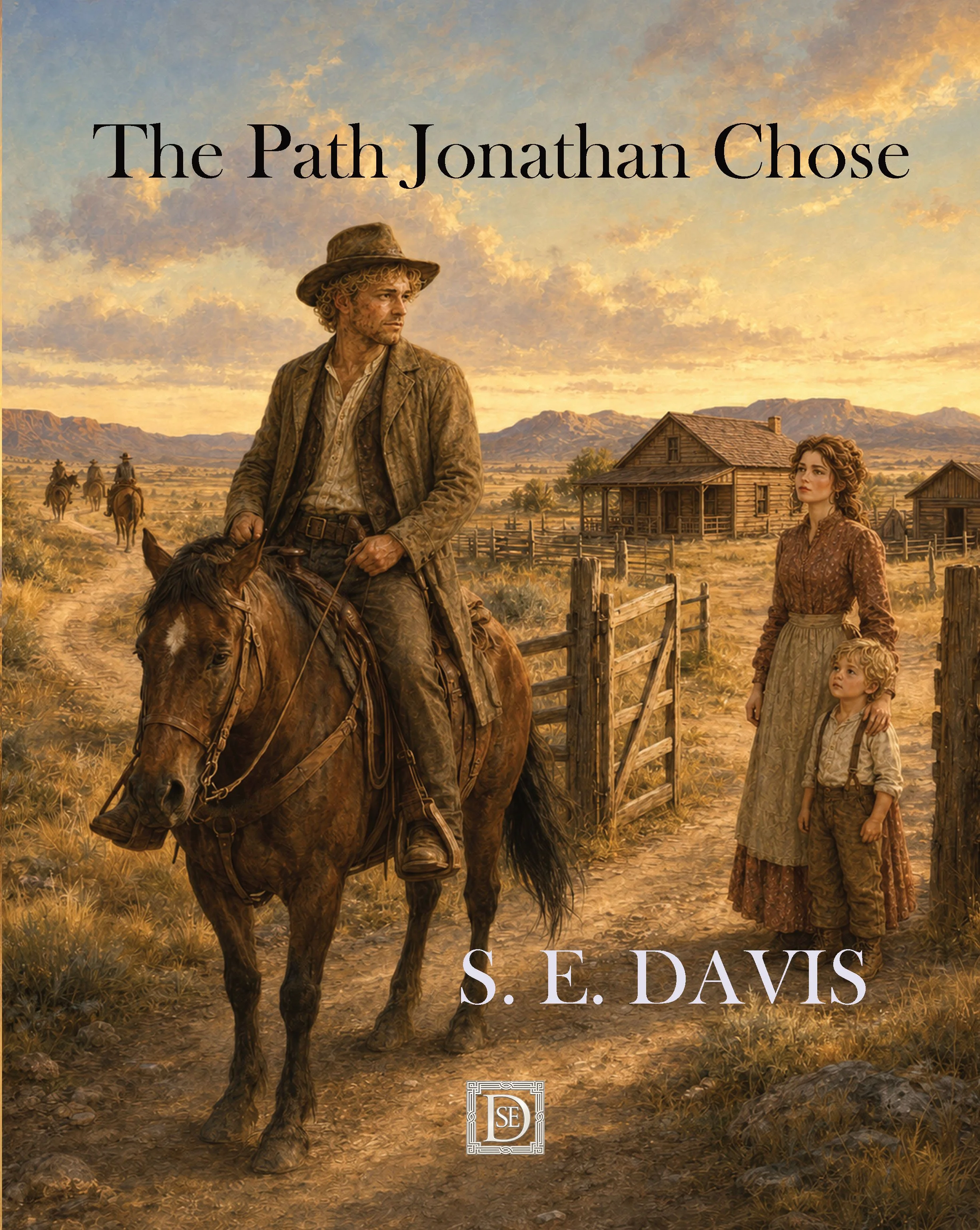 man in a cowboy hat riding out a gate leaving a little boy and wife at the gate, rider can be seen riding down the road at a distance