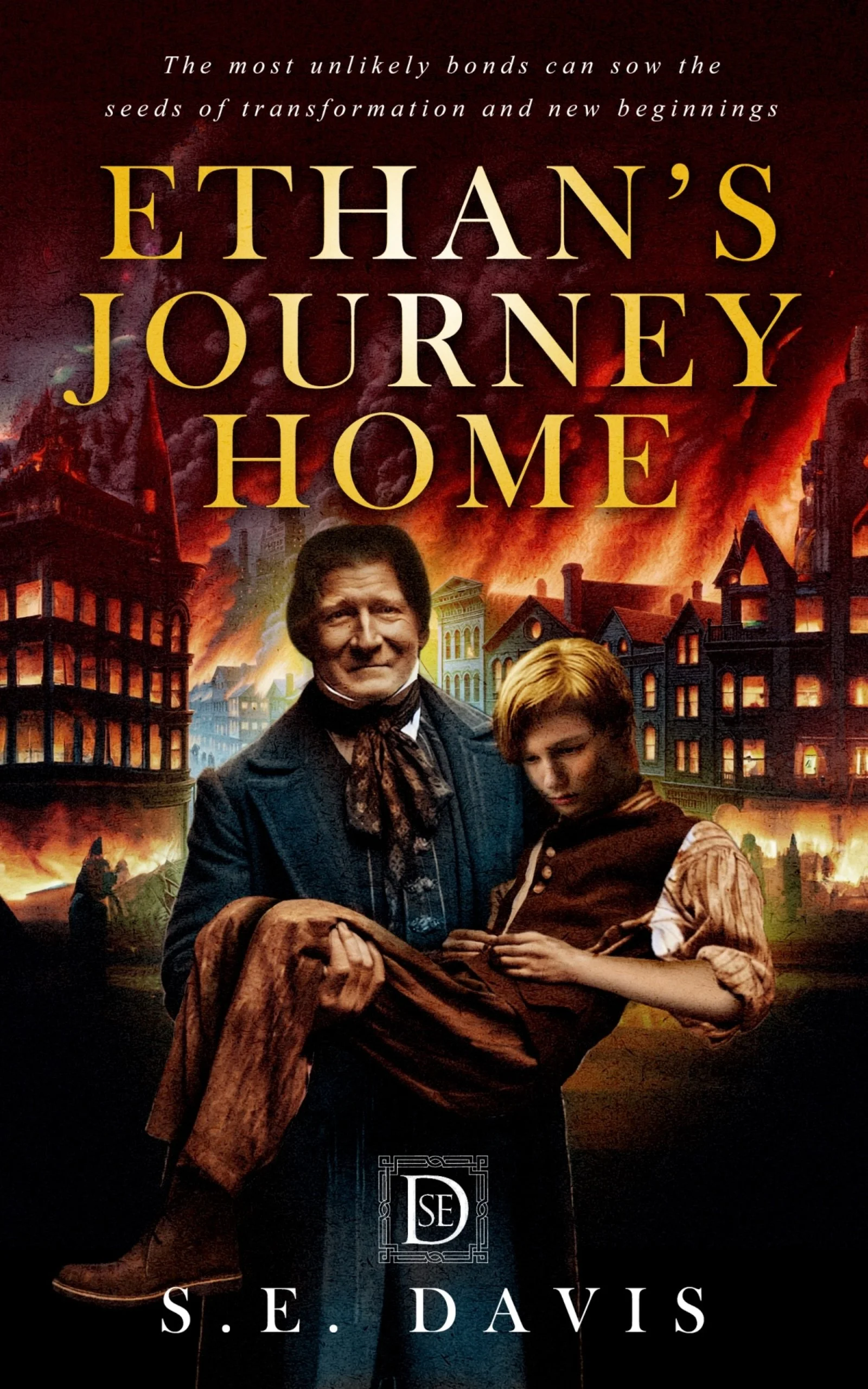 antique-looking image of 1800's city top half of page, train at grain silo bottom half. Bold red banner with title Adults Not Wanted overlaid on the center of image