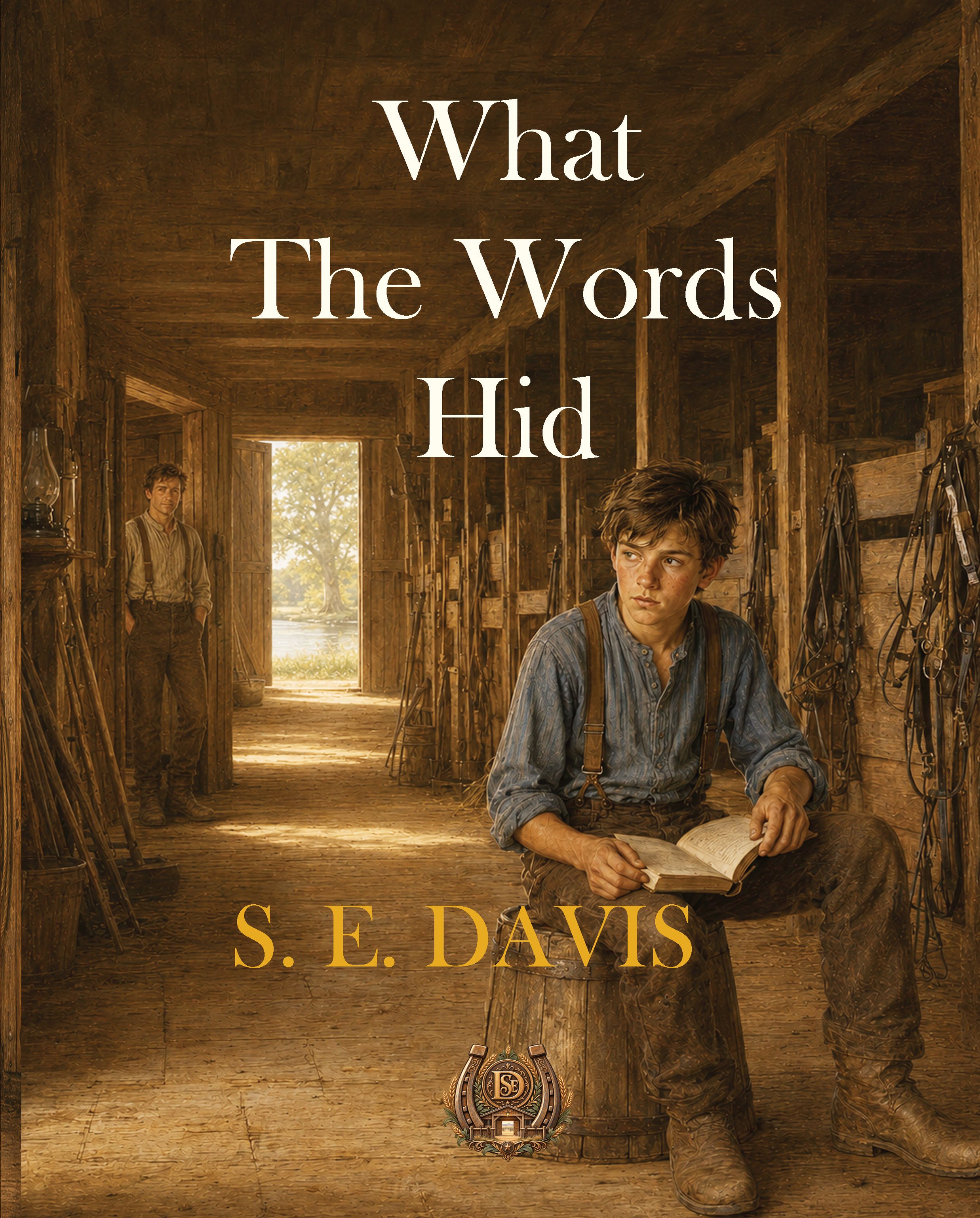 Book cover for What the Words Hid by S. E. Davis, interior of livery stable teenage boy sits on a bucket with a book in his hands, behind him father watches from office doorway.