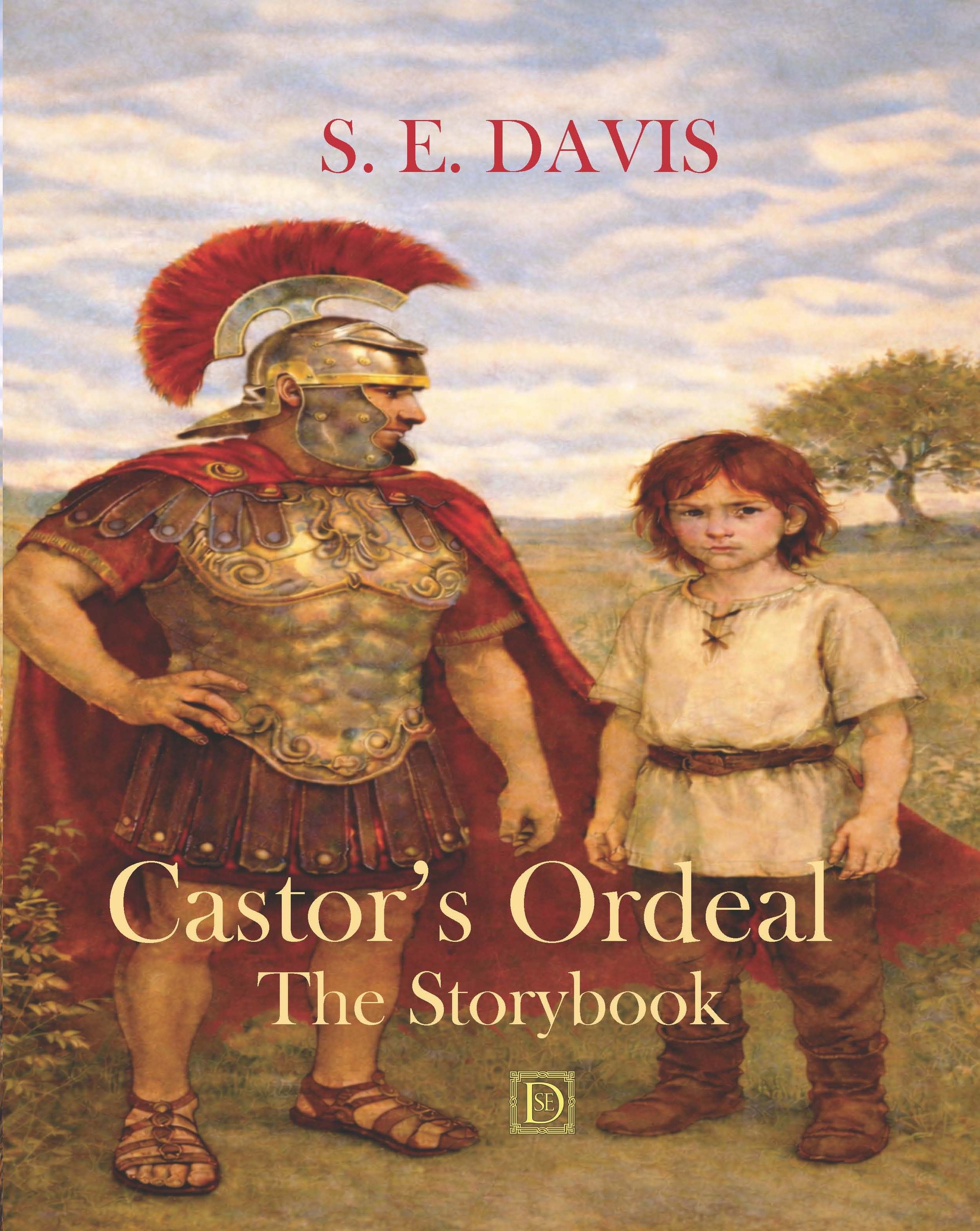 ten year old boy standing next to a Roman solider in an open field